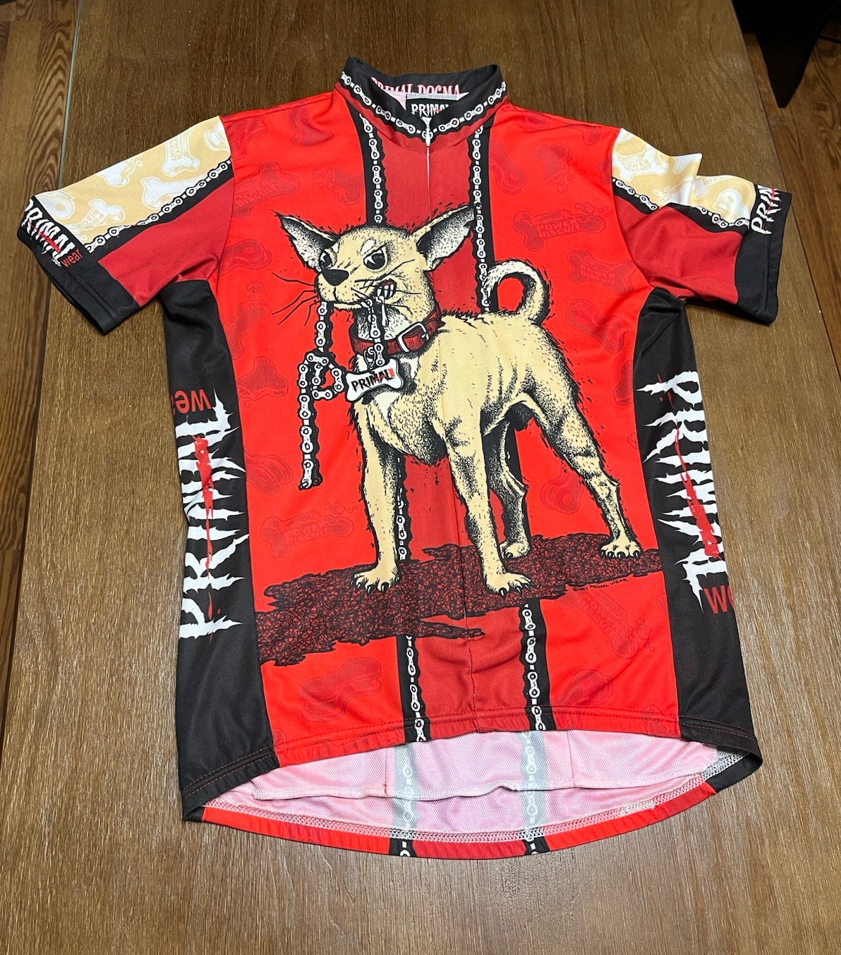 Vintage 90’s PRIMAL WEAR Cycling Chihuahua Dog Red Jersey Mens Medium – 3/4 Zip