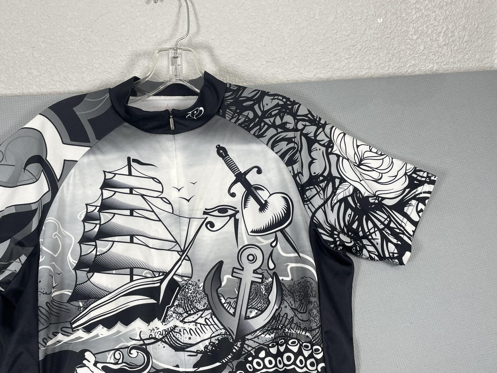 Primal Cycling Jersey Shirt Mens Large Black Zip Tattoo Nautical Skull Graphic