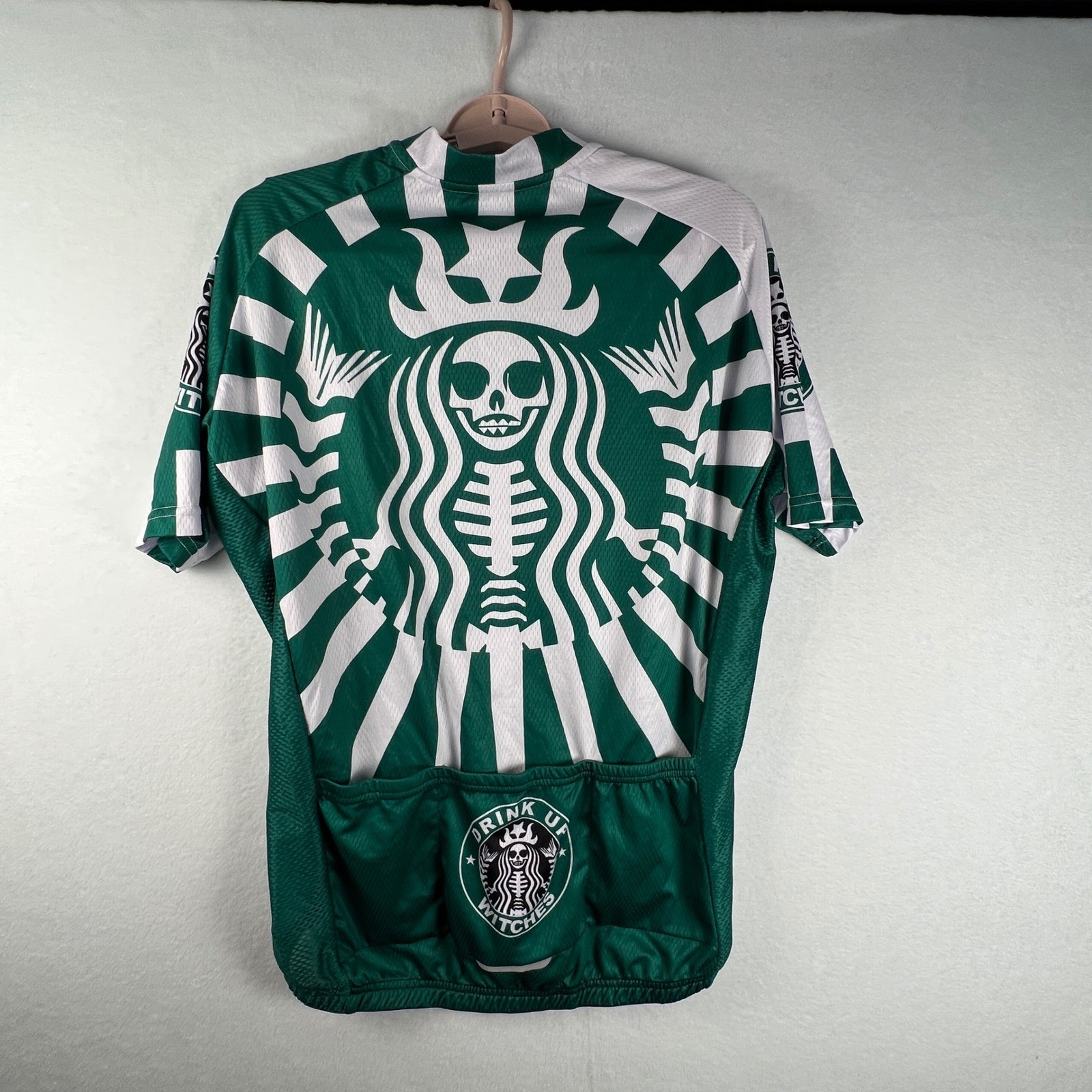 RSSC SPORTS Drink Up Witches Cycling Jersey XL Green White Skeleton Siren Parody