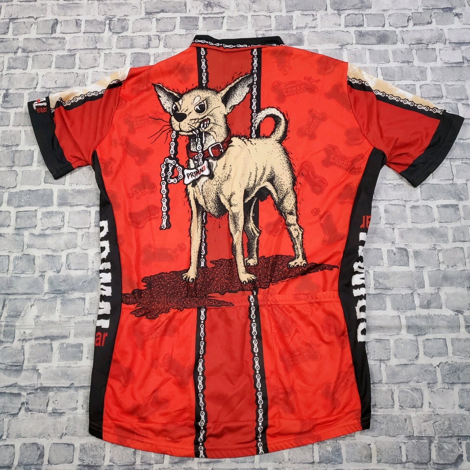 Vtg 90s Primal Wear Dogma Cycling Jersey Mens Large Power Biscuit Dog Zip AOP