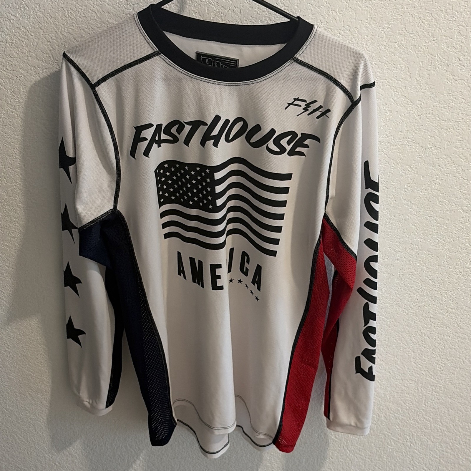 Fasthouse Long Sleeve Cycling Jersey L American Flag Graphic Mesh White/Red