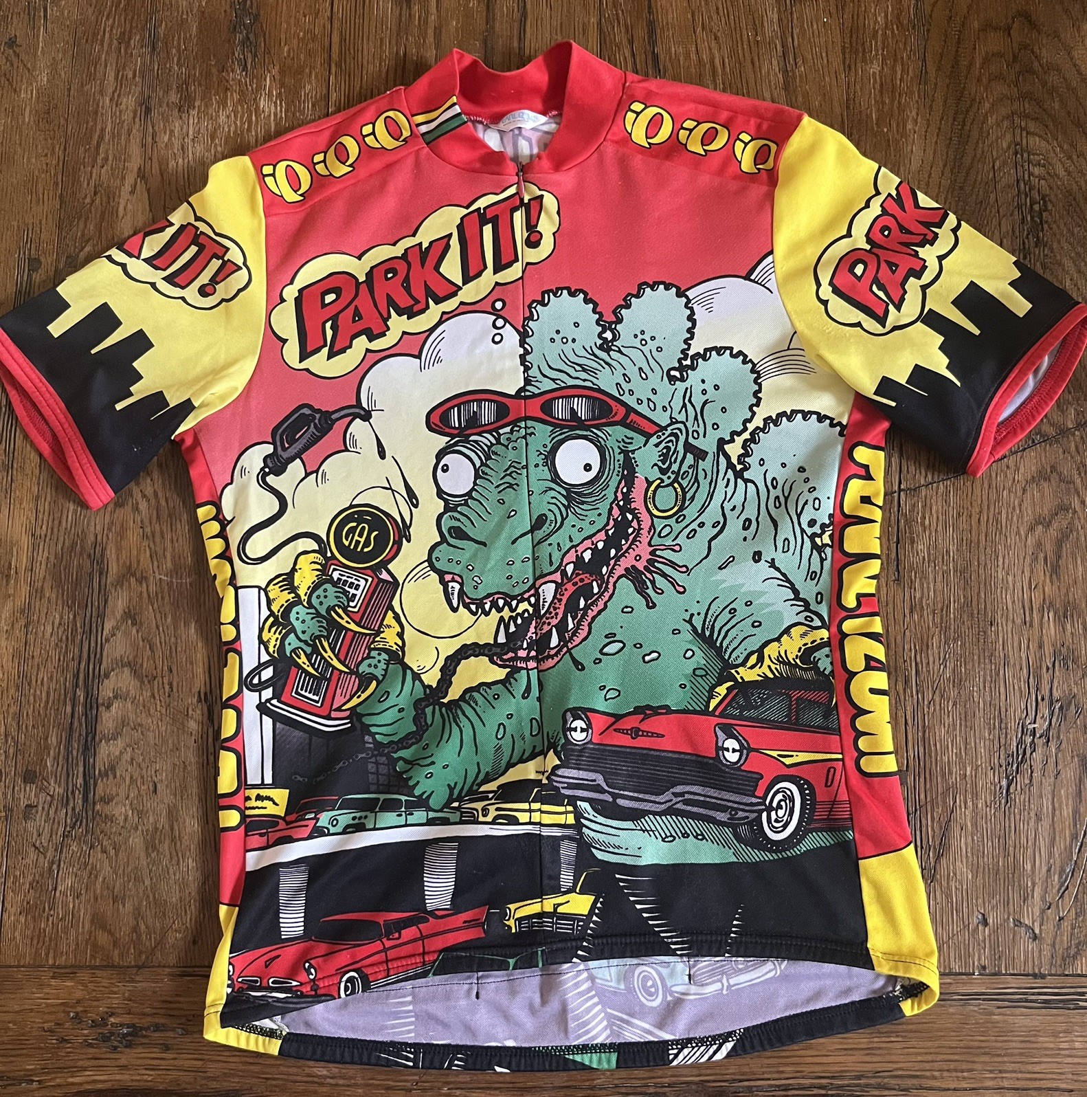 Y2K Vintage Pearl Izumi Men’s Godzilla Cycling Jersey Park It! Gas Pop Art M