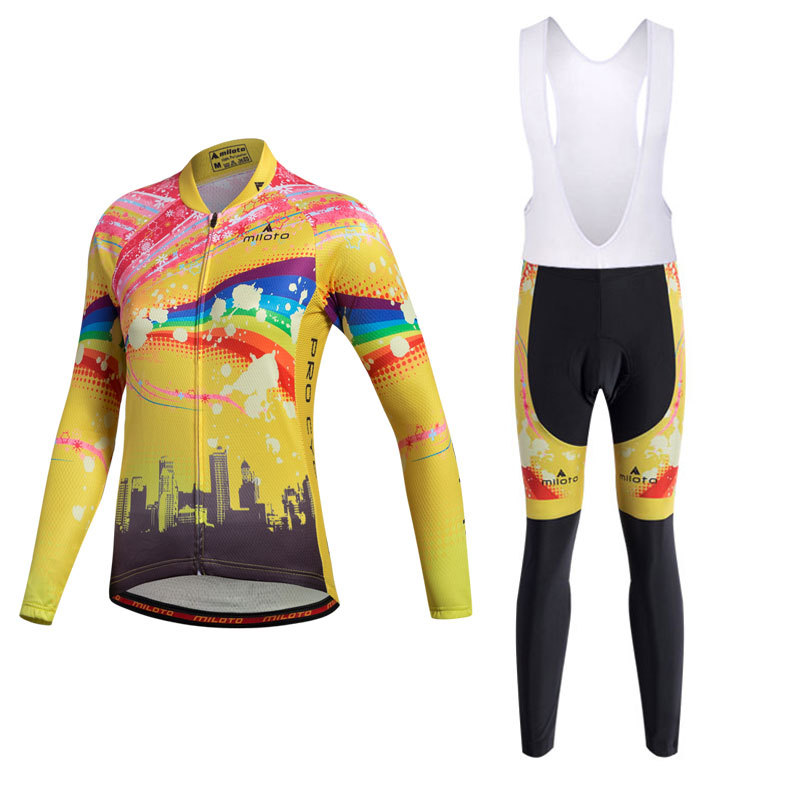 Women’s Yellow Bike Clothing Cycling Long Sleeve Jersey and Long (Bib) Pants Kit