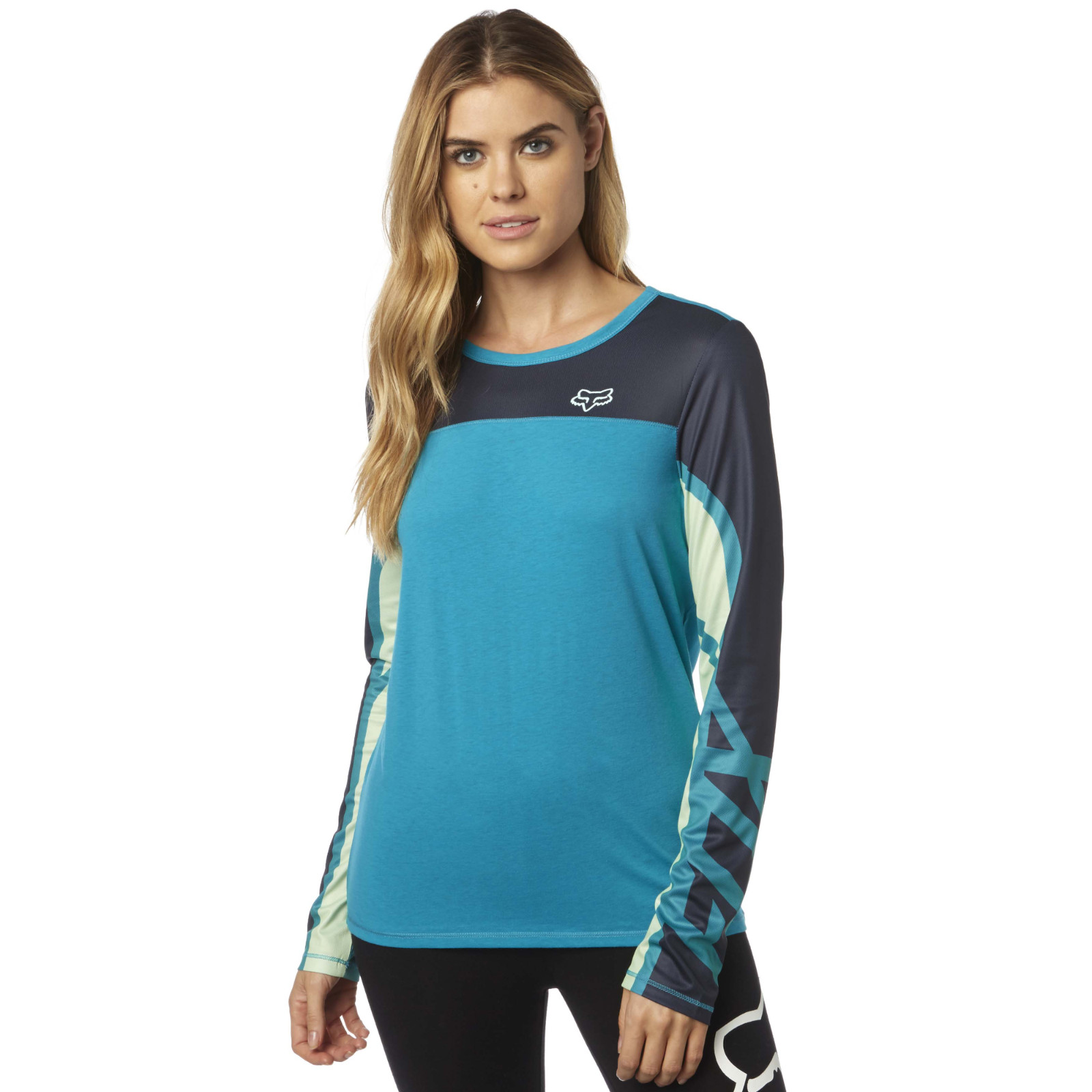 Fox Logo Womens Comparted Mesh Long Sleeve Top Tee Jade Blue Small S WAS $36.00
