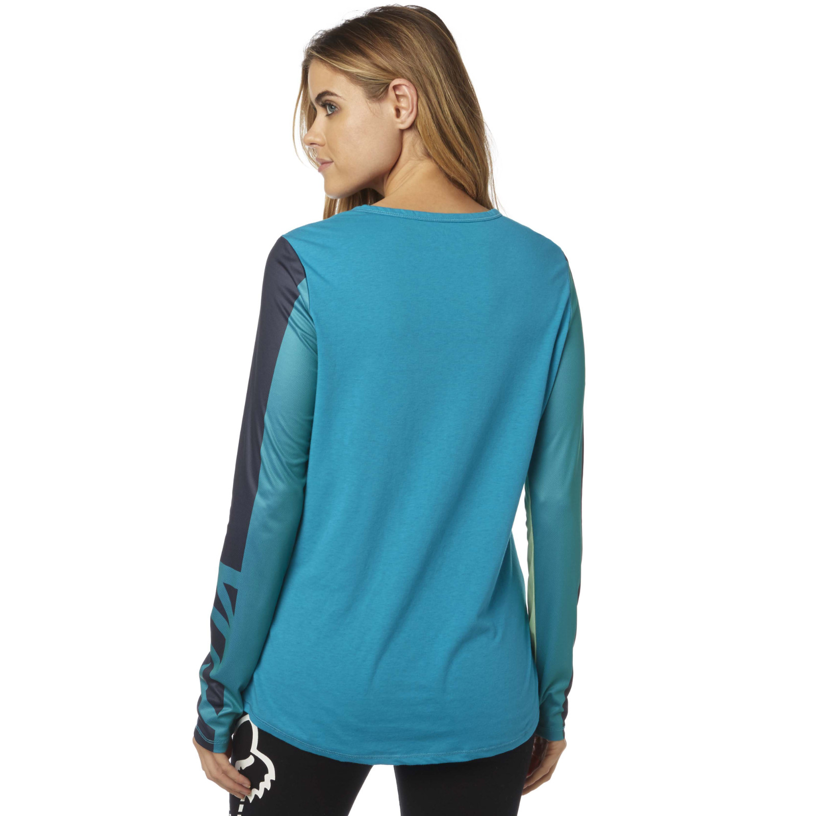 Fox Logo Womens Comparted Mesh Long Sleeve Top Tee Jade Blue Small S WAS $36.00