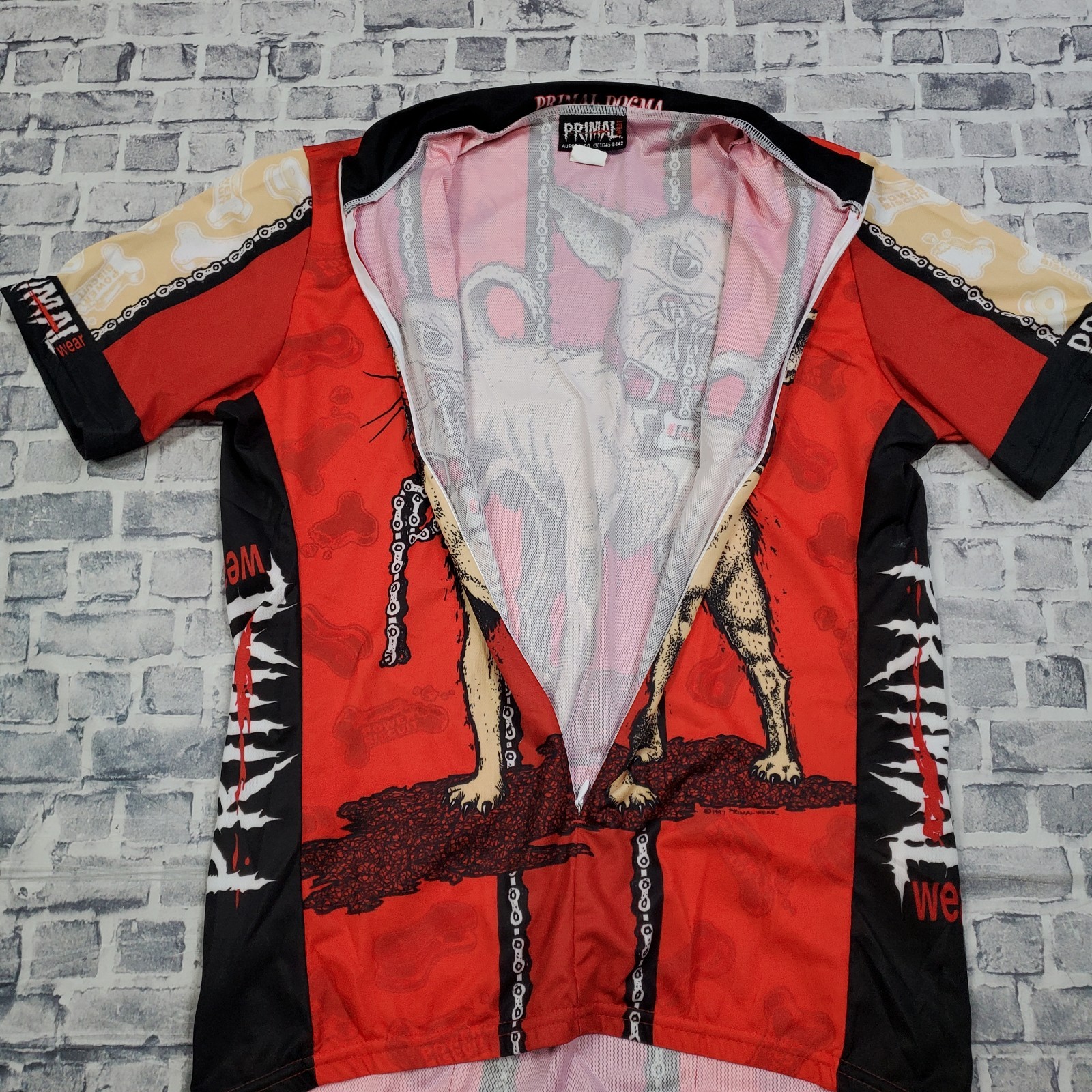 Vtg 90s Primal Wear Dogma Cycling Jersey Mens Large Power Biscuit Dog Zip AOP