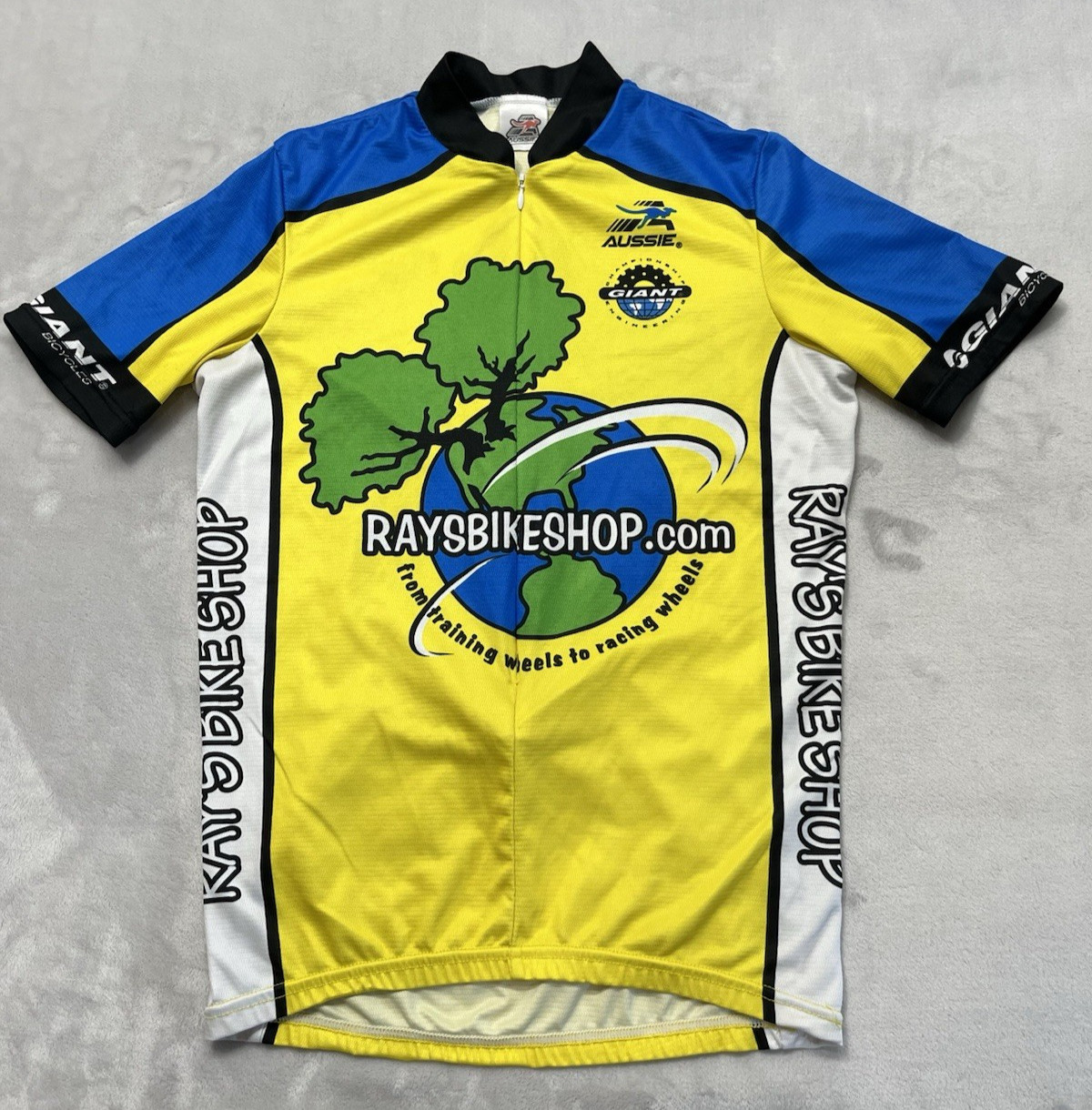 VTG Aussie Cycling Jersey Men Medium Yellow Rays Bike Shop Logo Back Pockets