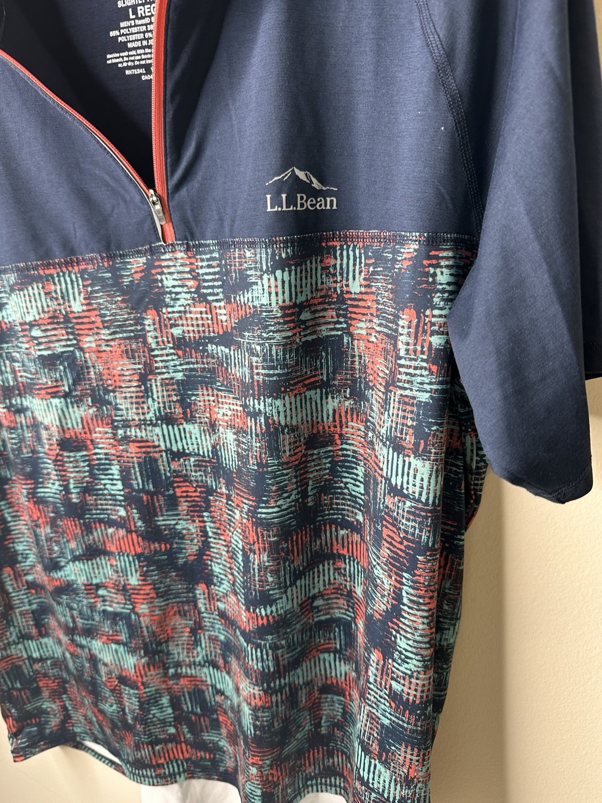 LL Bean Cycling Jersey Mens Large Reg Blue Geometric Comfort Back Zip Pocket