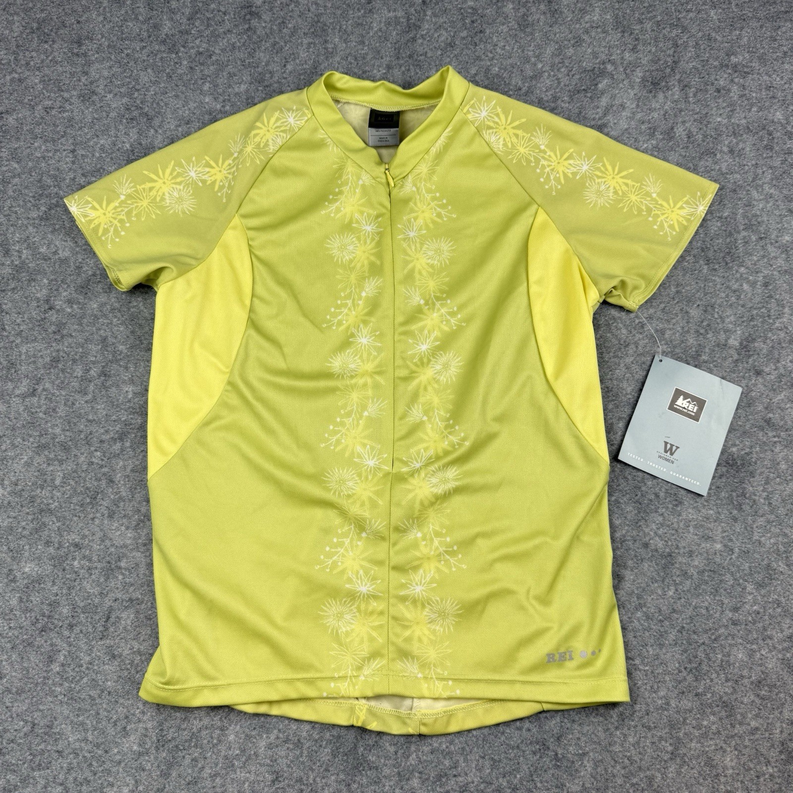 Women’s REI Yellow Floral Cycling Jersey Size Medium M Front Zip Short Sleeve