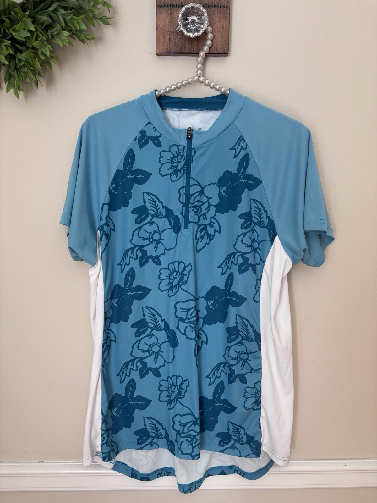 Bontrager Womens Size XL Solstice Cycling Jersey Shirt Blue White Floral 1/4 Zip