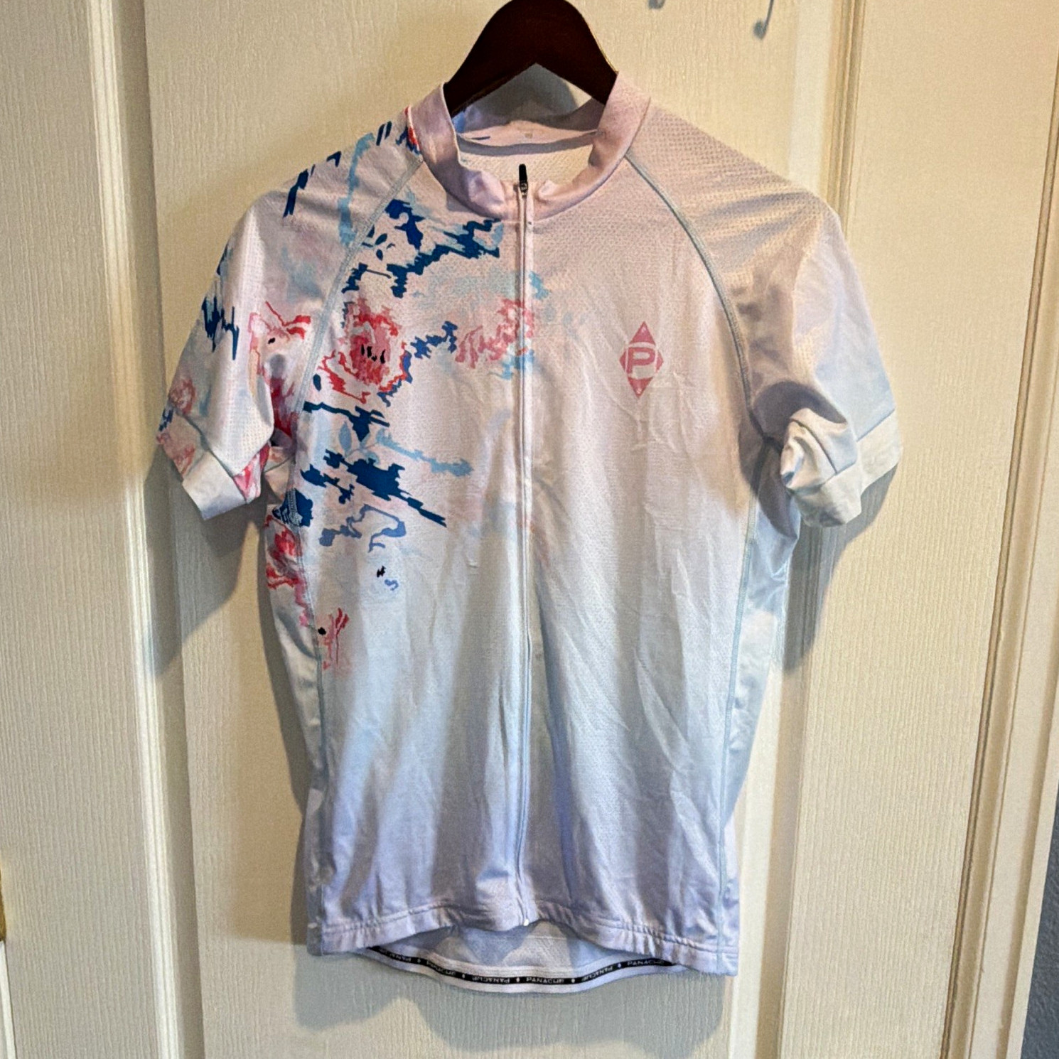 Panache Women’s Cycling Jersey M Full Zip Pockets Mock Neck White Pink Blue