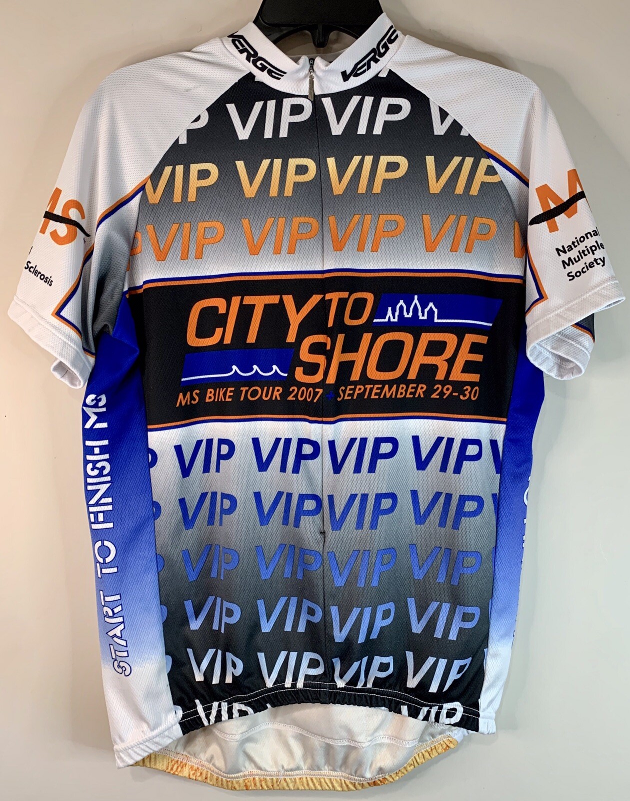 2007 MS City to Shore Cycling Jersey Verge 1/4 Blue White Tan Shrt Sleeve Mens M