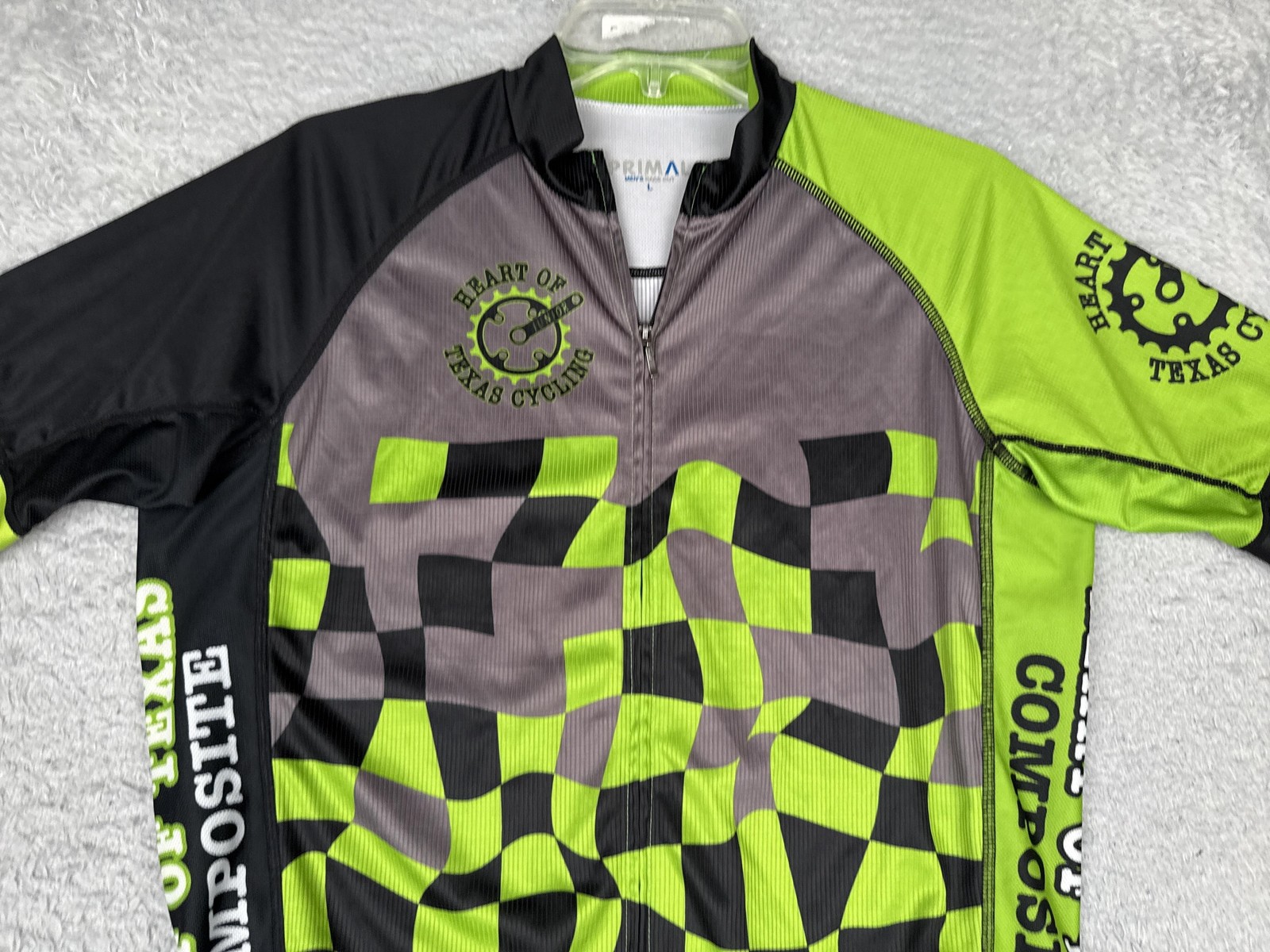 Primal Cycling Jersey Mens Large Green Black Check Graphic 1/4 Zip Pockets Bike
