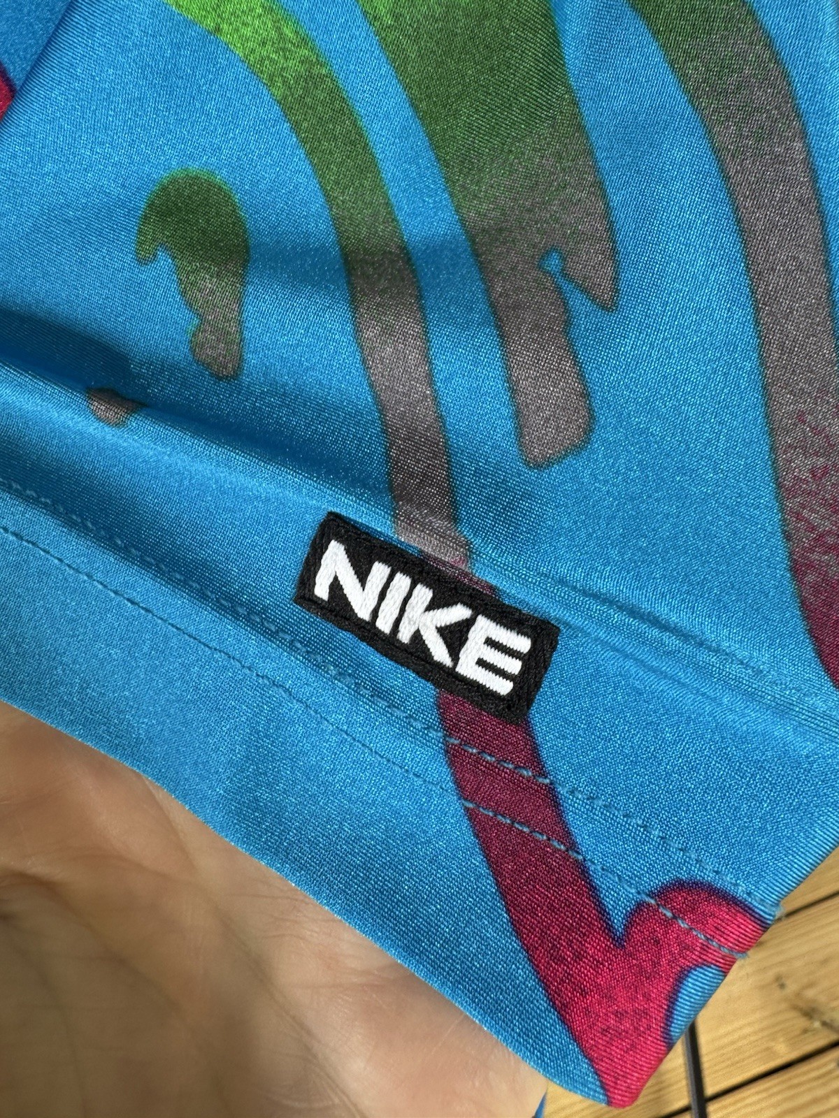 Vintage 90s Nike Cycling Jersey Large Blue Pink Green Abstract Biking Shirt USA