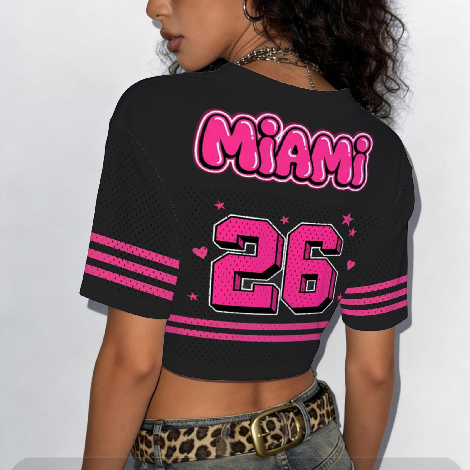 Ladies Y2K Crop Top Football Shirt Black Pink V Neck No 26