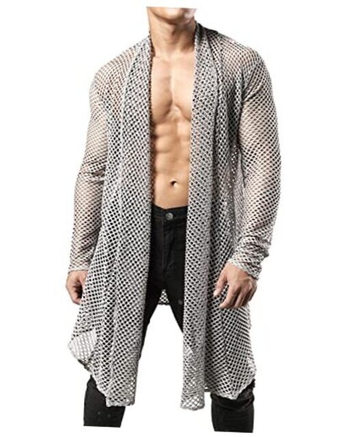 Men’s Mesh Fishnet Cardigan Fitted Muscle Top Medium Grey