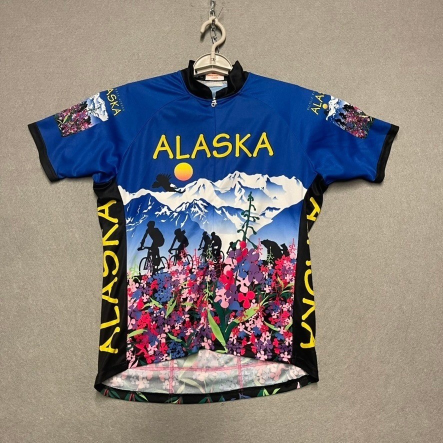 Alaska Cycling Jersey Womens Large Blue 1/2 Zip Colorful Panorama Short Sleeve
