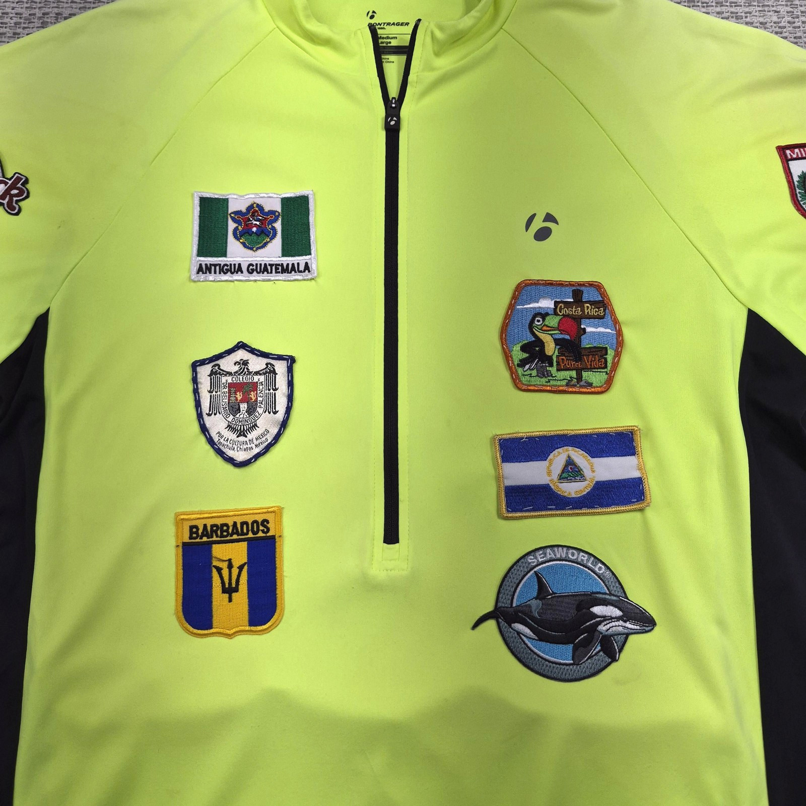 Bontrager Solstice Cycling Jersey Shirt Mens Medium HiViz Yellow 1/4 Zip Patches