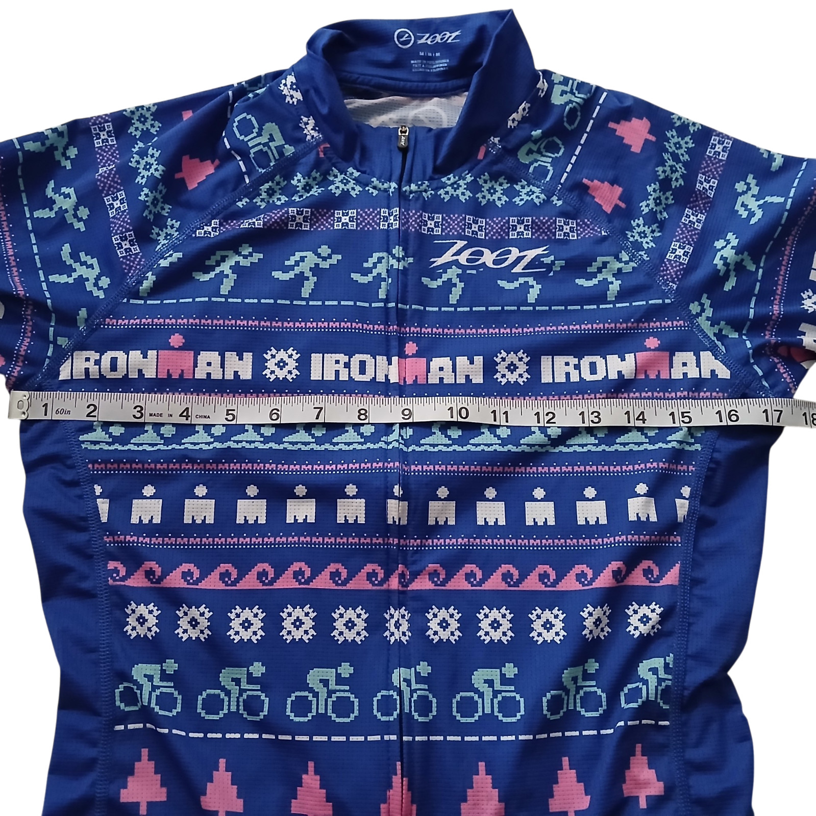 Zoot Ironman Cycling Jersey Womens Medium Holiday Short Sleeve Full Zip Web Mesh