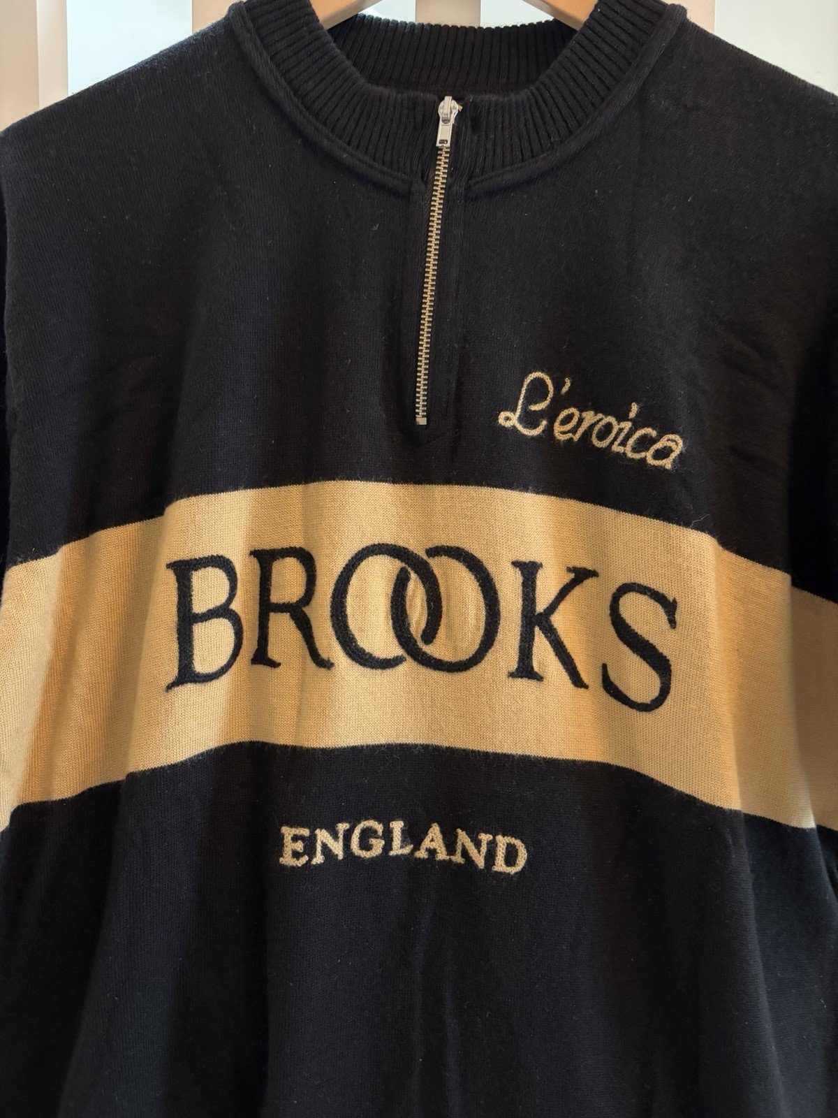 VINTAGE Brooks England L’Eroica Cycling Jersey XL Black/Tan Merino Wool 1/4 Zip