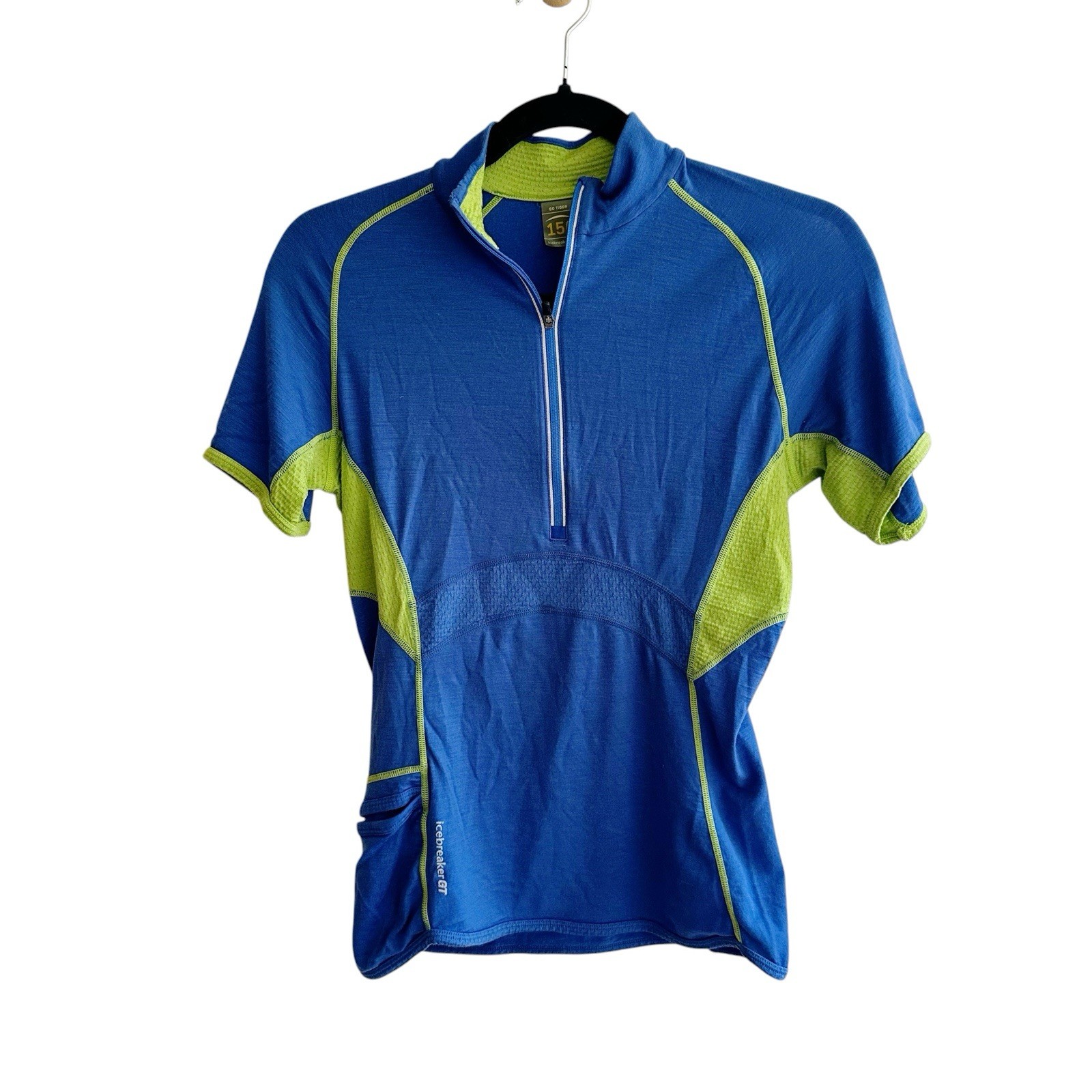 Icebreaker GT Go Tiger 150 Merino Wool Cycling Jersey Blue 1/2 Zip Size Small