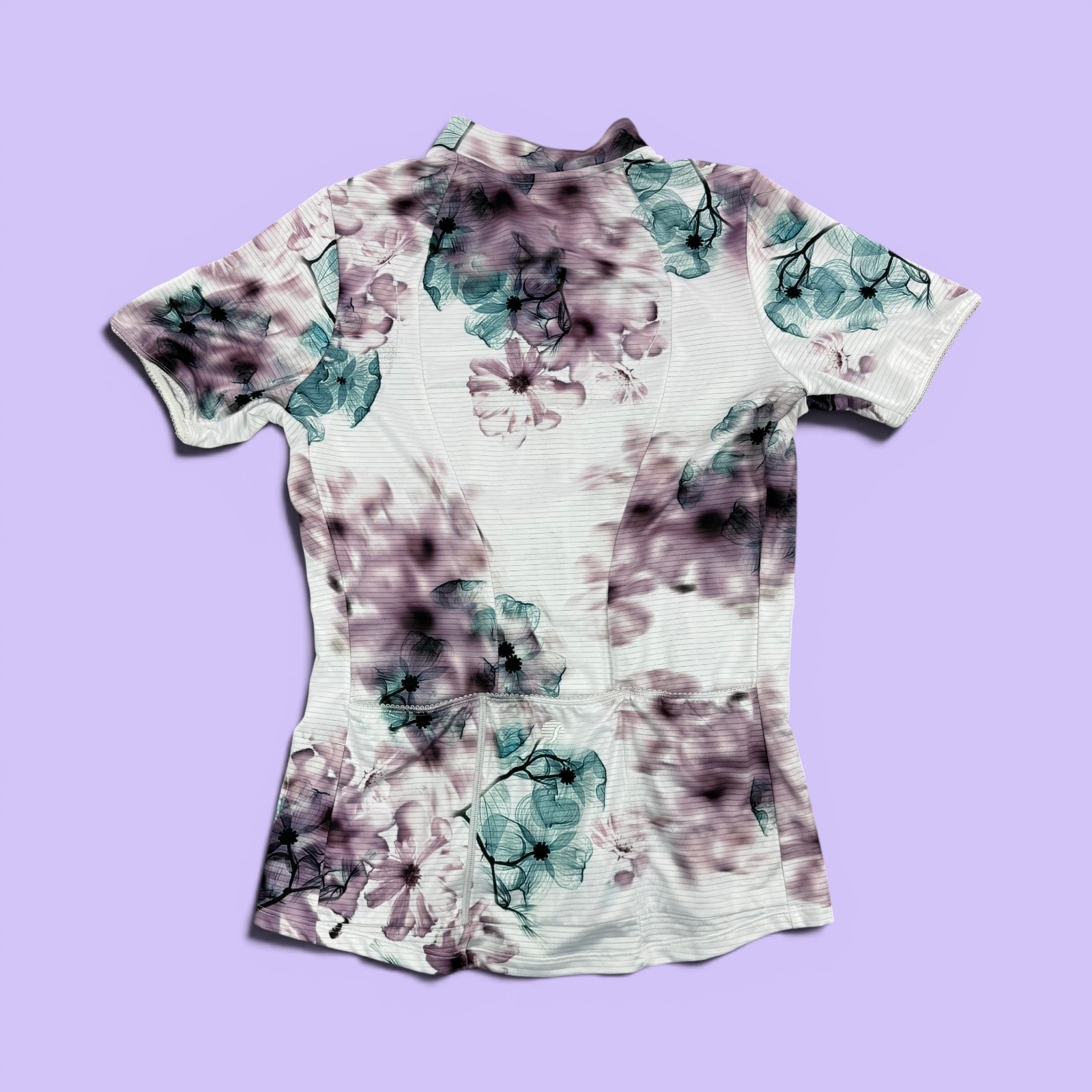 Shebeest Womens Floral Cycling Jersey White Purple Teal Short Sleeve Half Zip M