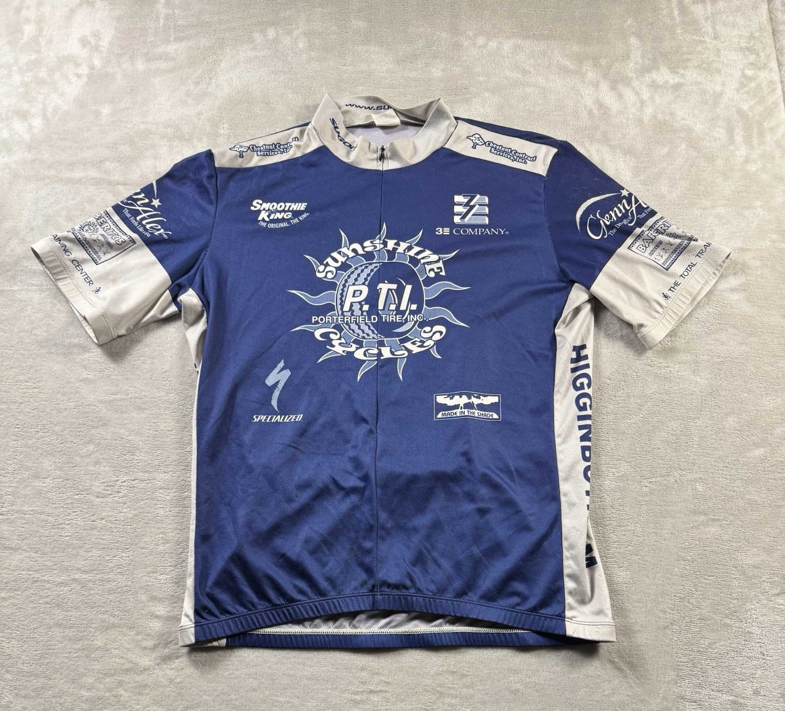Sugoi Shirt Mens L Blue White Cycling Jersey Pockets Full Zip Performance Light