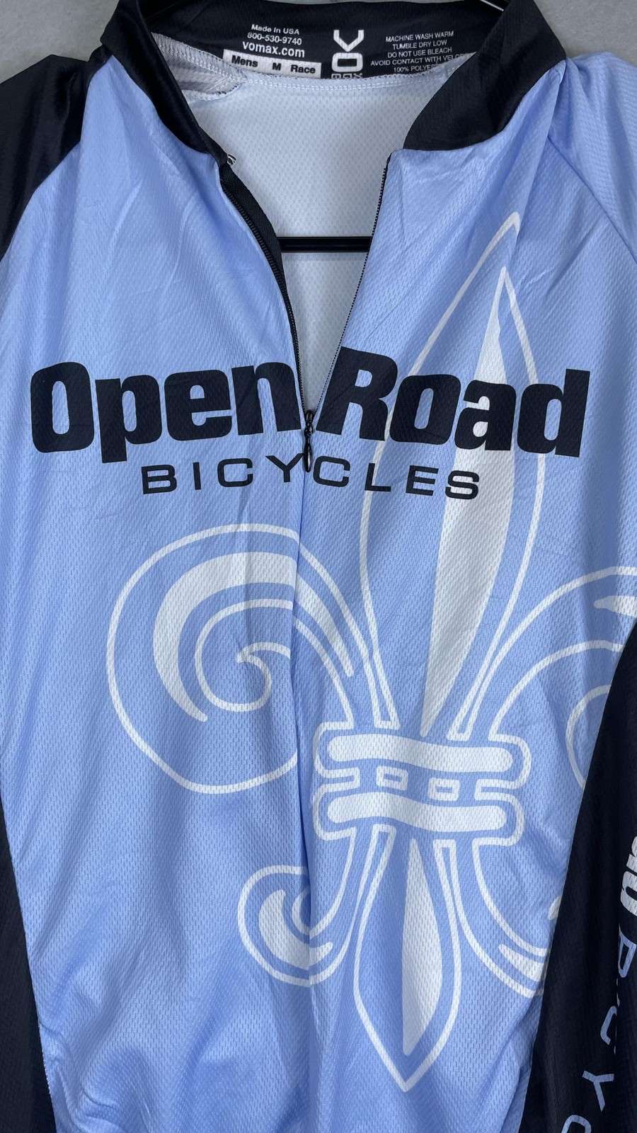 VOmax Open Road Bicycles Cycling Jersey Mens Medium Blue 1/4 Zip Bike Shirt