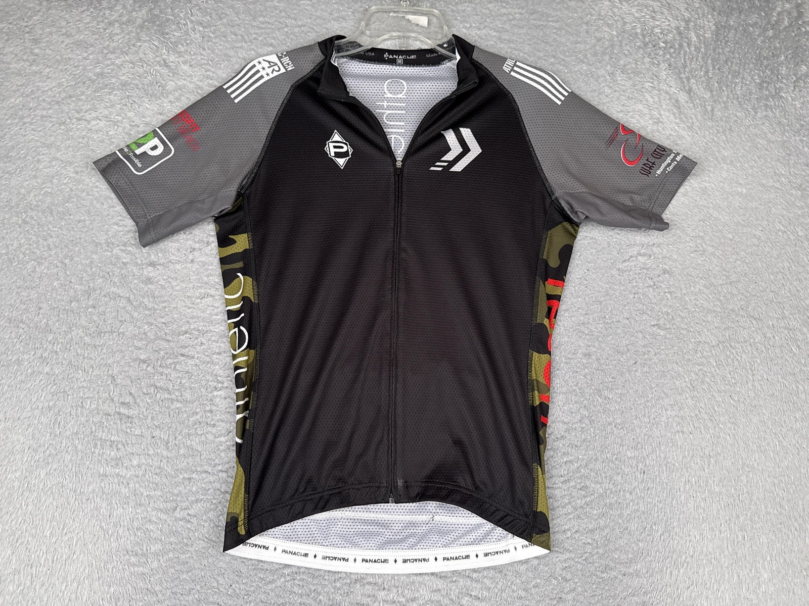 Panache Jersey Mens Medium Black Gray Camo Short Sleeve Full Zip Cycling Pockets
