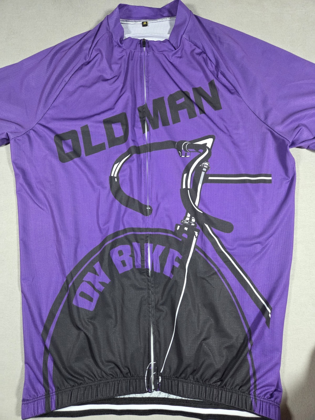 Old Man Cycling Jersey Size Medium Full Zip Purple and Black Short Sleeve