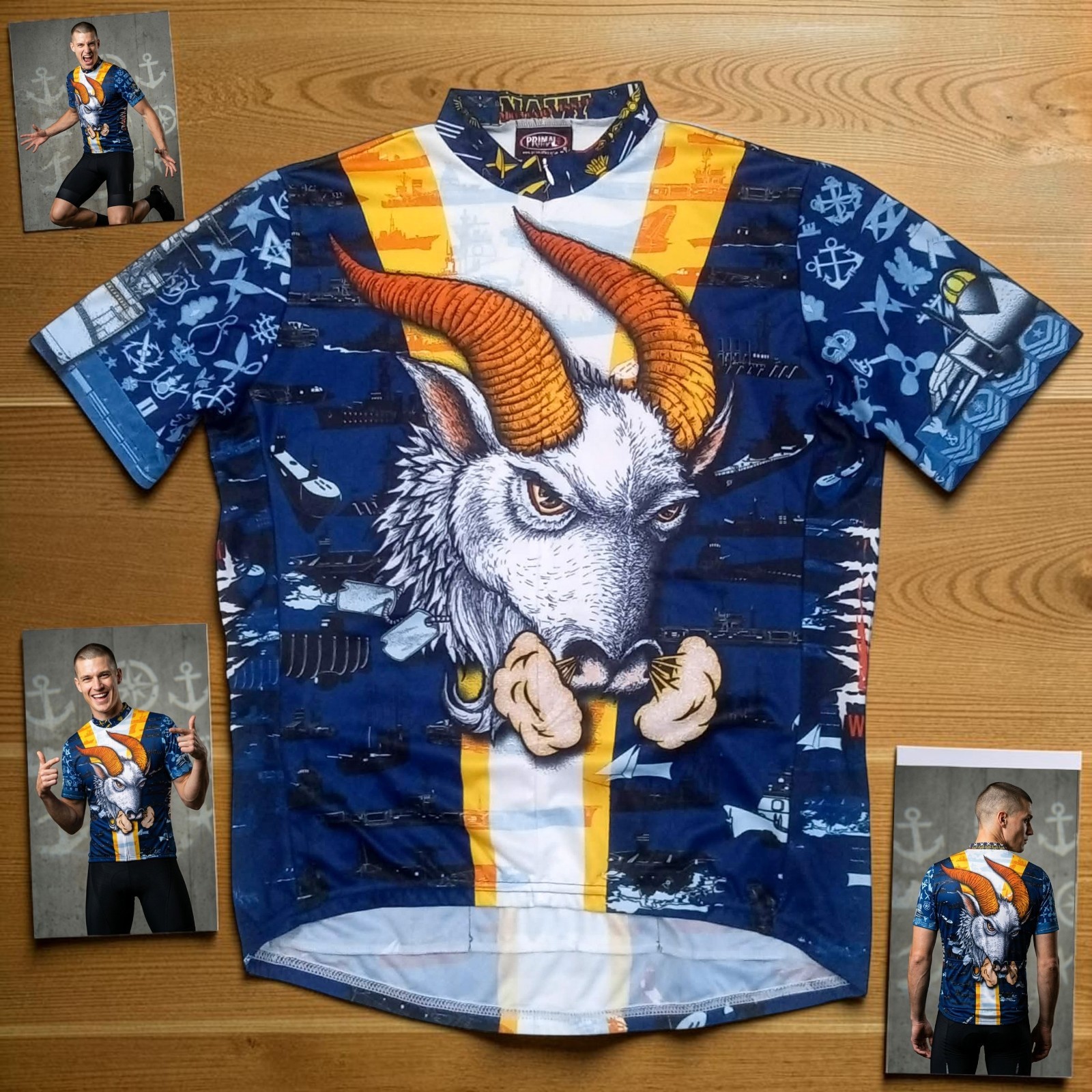 RARE VTG 90s Primal Wear USA Navy Pride Bill the Goat Cycling Jersey (Fits 2XL)