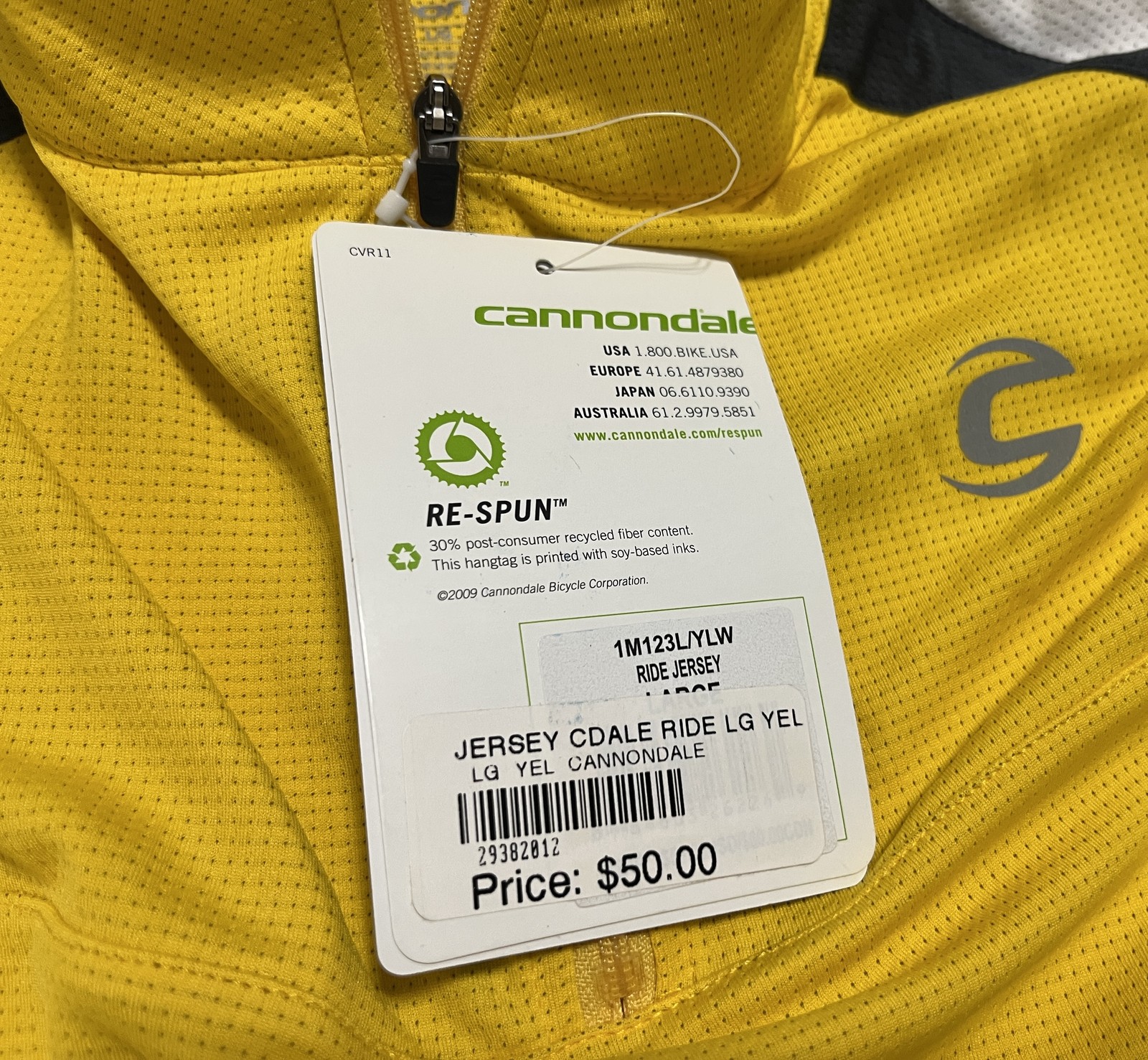 Cannondale RE-SPUN Cycling Jersey Men’s Large Yellow Short Sleeve Relaxed Fit