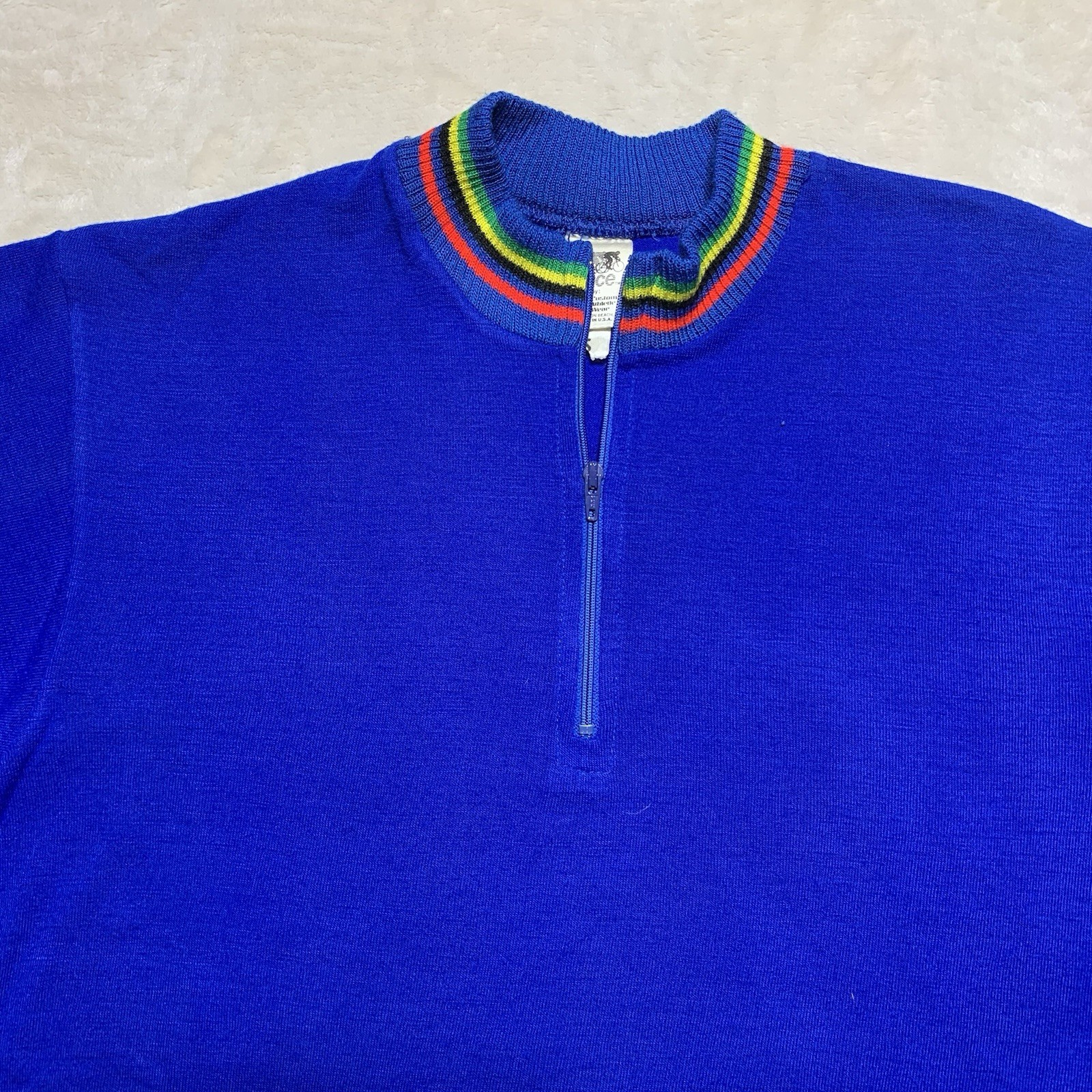 Vintage Pace Cycling Jersey Men’s Small 100% Merino Wool Knit Rainbow 70s USA *