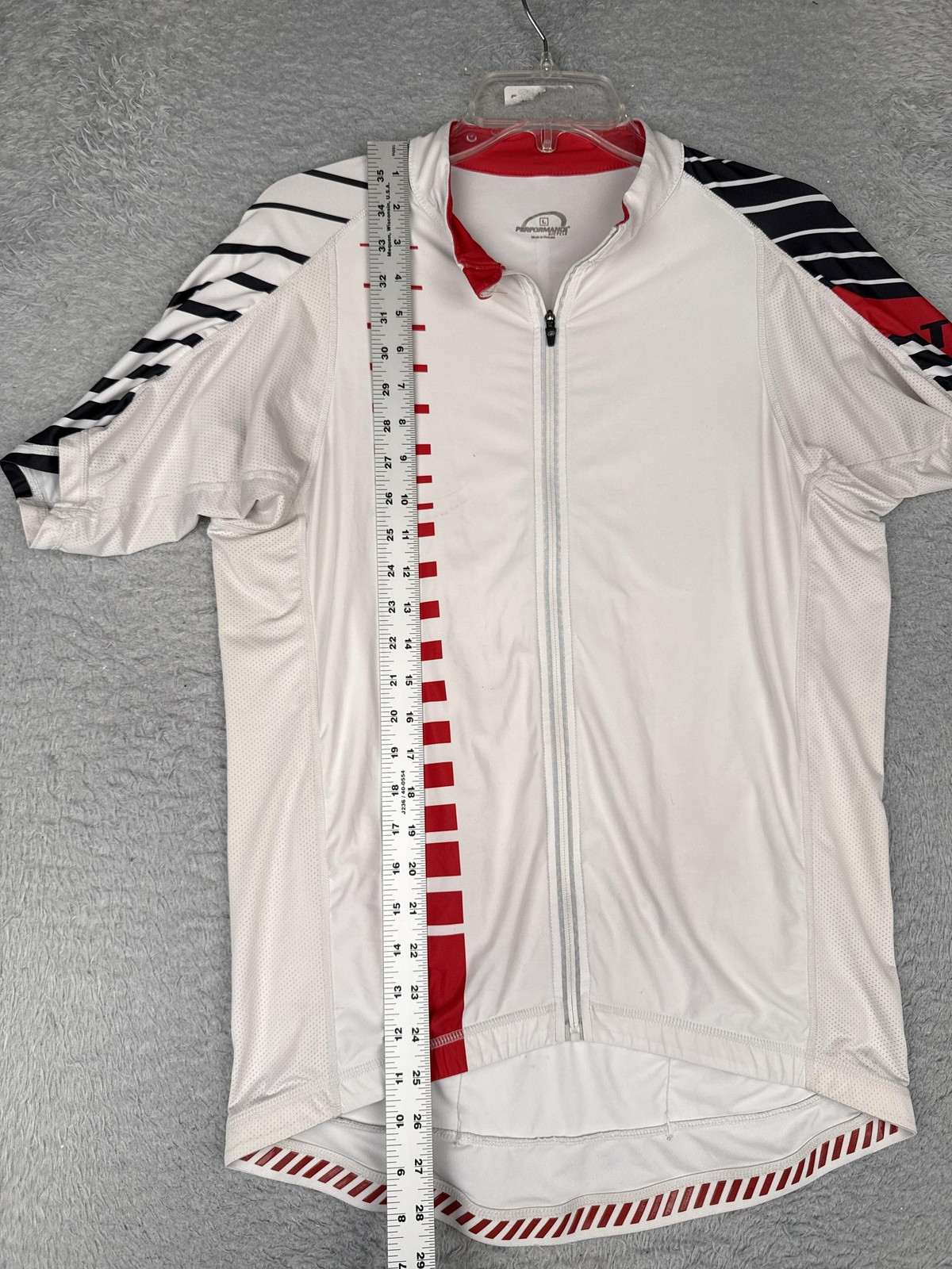 Performance Cycling Jersey Mens Large White Red Stripe Full Zip Pockets Bike