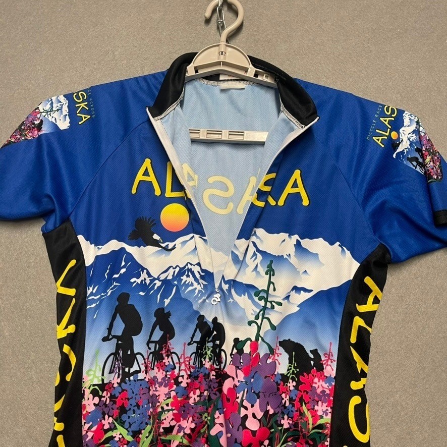 Alaska Cycling Jersey Womens Large Blue 1/2 Zip Colorful Panorama Short Sleeve