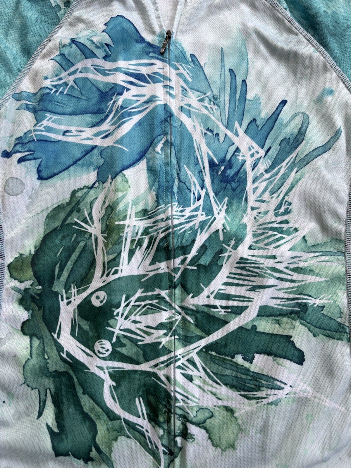 Primal Women’s Cycling Jersey, Sz M, Abstract Leaf Print, Aqua, Green, Pockets