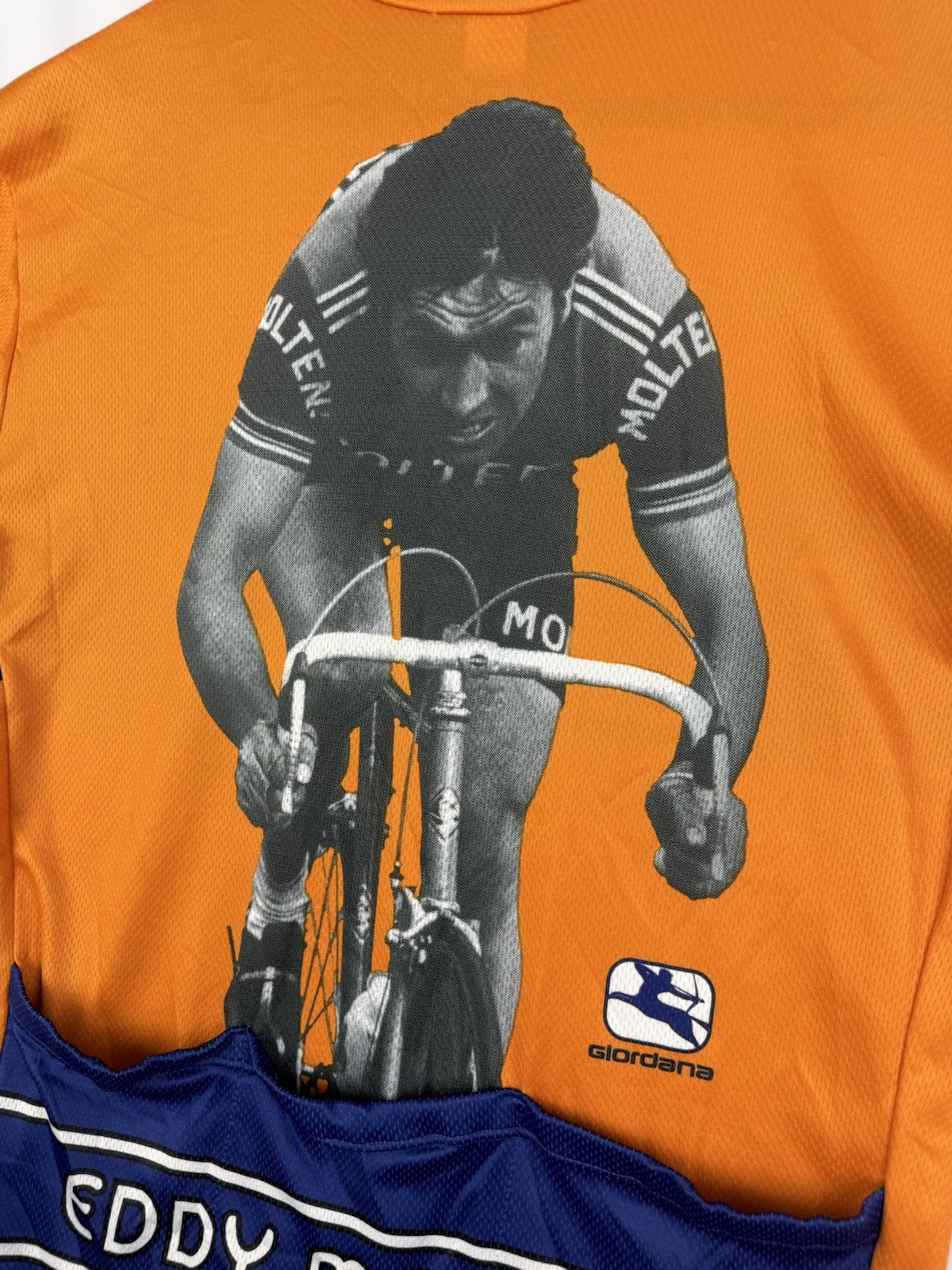Vtg Giordana Eddy Merckx Cycling Jersey Orange Blue Photo Back Print Italy Sz. L