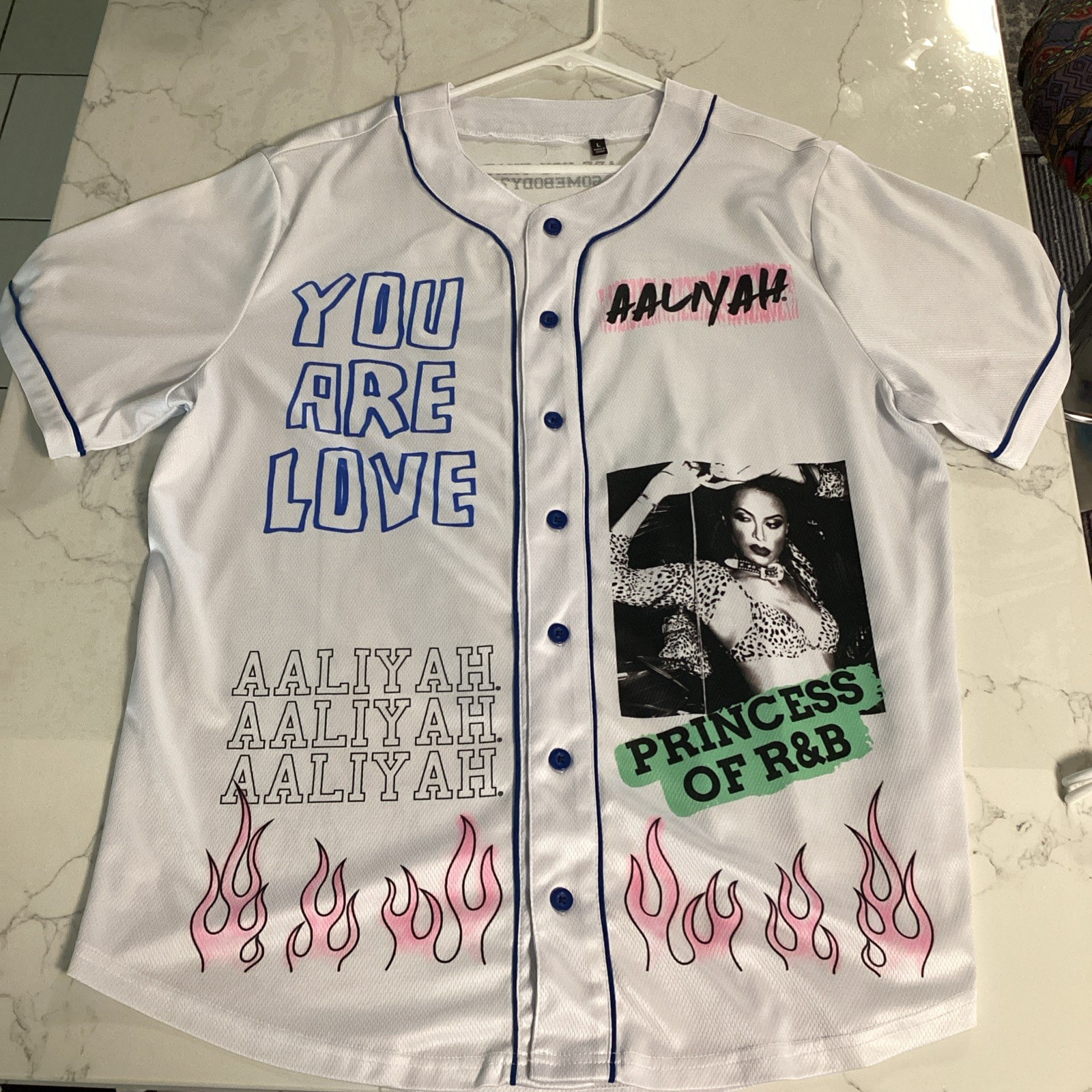Aaliyah Unisex Baseball Jersey White Mesh with Graffiti Design Size Large