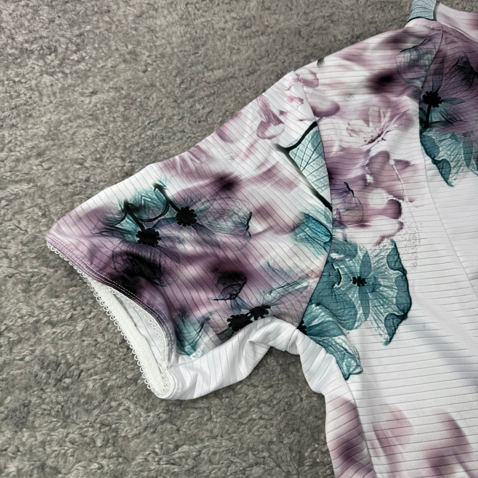 Shebeest Womens Floral Cycling Jersey White Purple Teal Short Sleeve Half Zip M