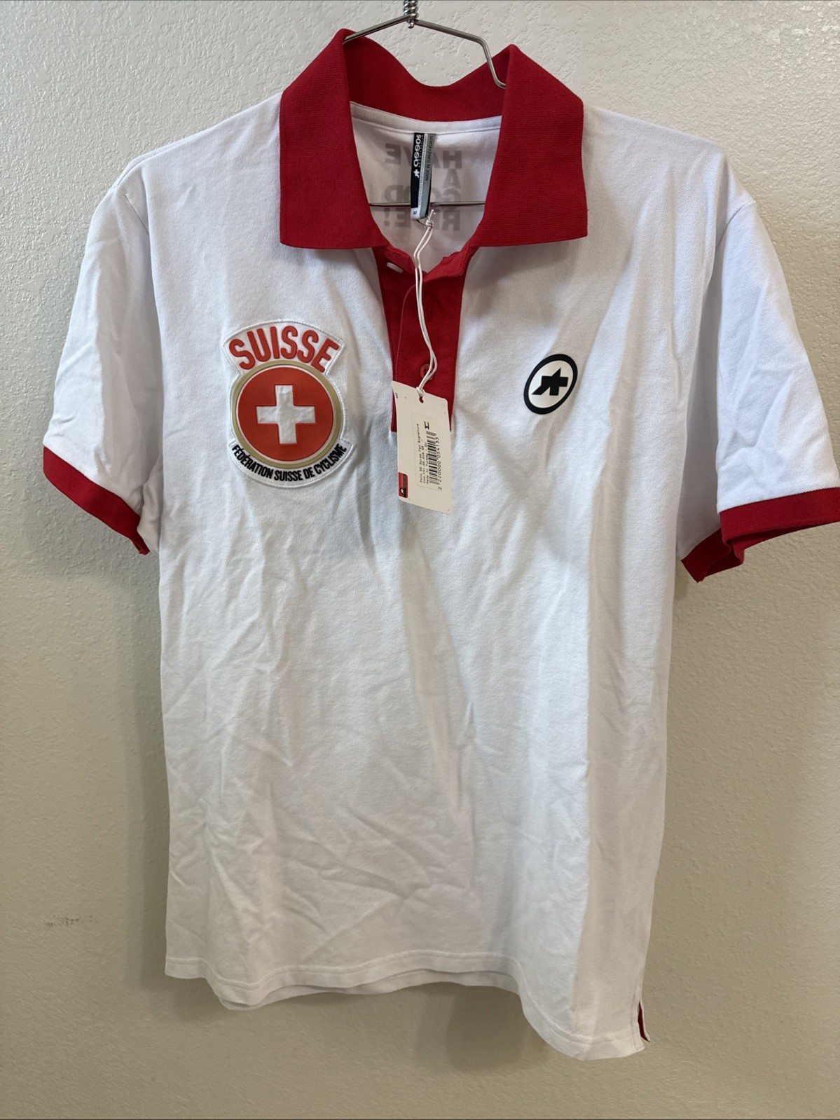 ASSOS SS Suisse Fed Signature Polo Shirt White with Red – Men’s Medium