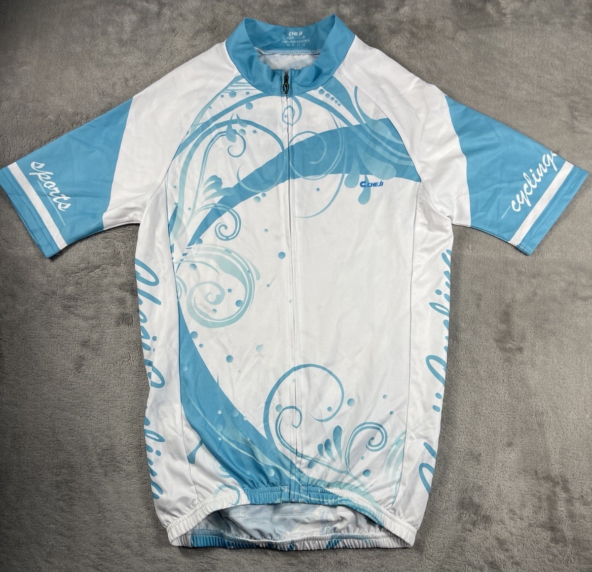 Baleaf/CHEJI Womens Cycling Jersey Full Zip Short Sleeve White Blue Floral S NEW