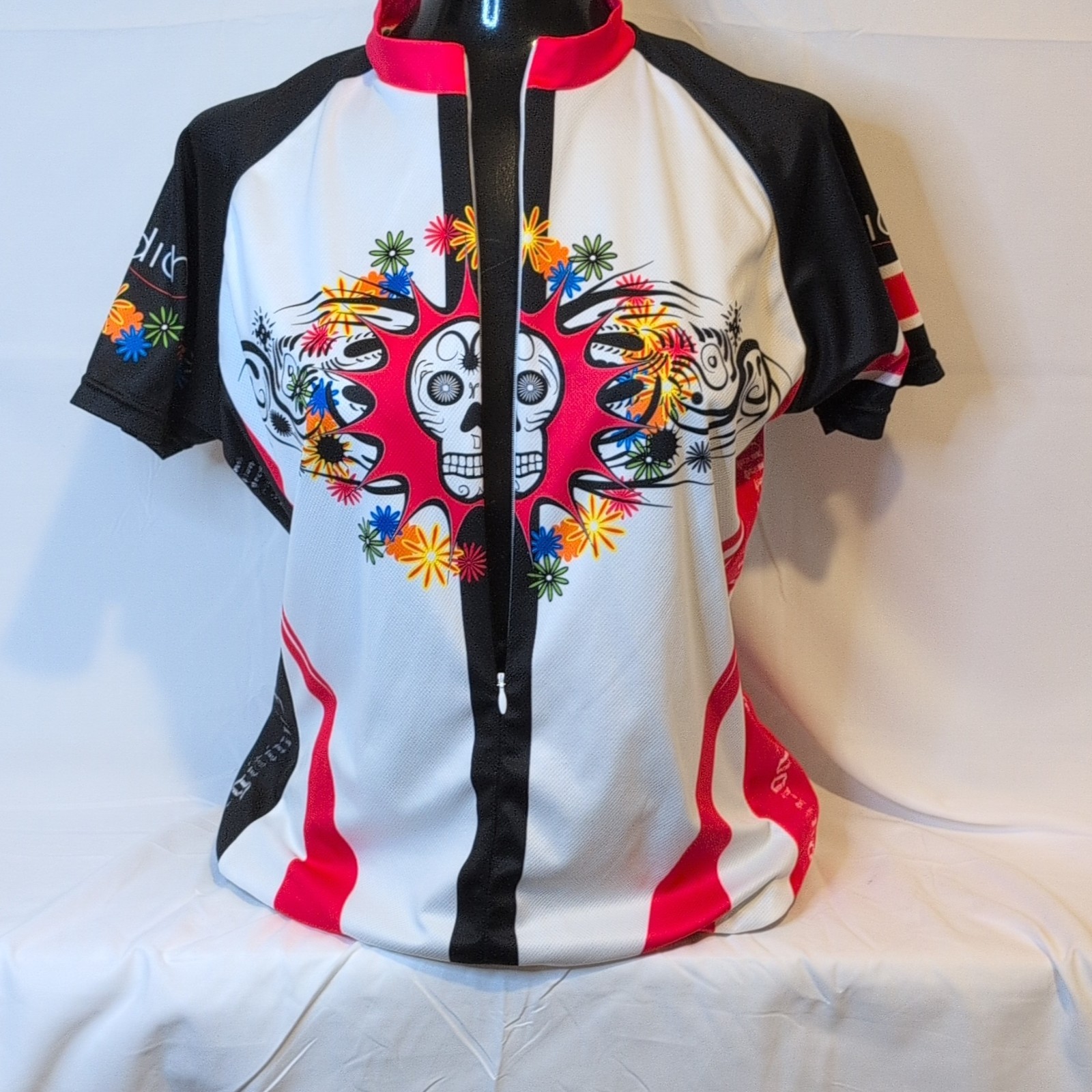 Bicidichi Skull Flower Graphic Cycling Jersey L Black White Red 3/4 Zip Pockets