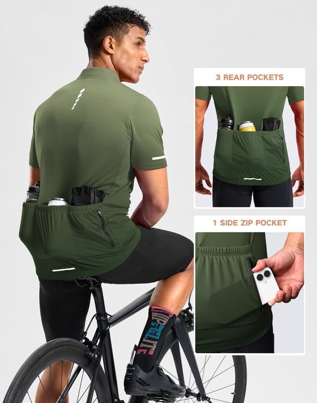 Men’s Cycling Jersey Full Zip 3+1 Rear Zipper Pockets Short Sleeve UPF50+ Bik…