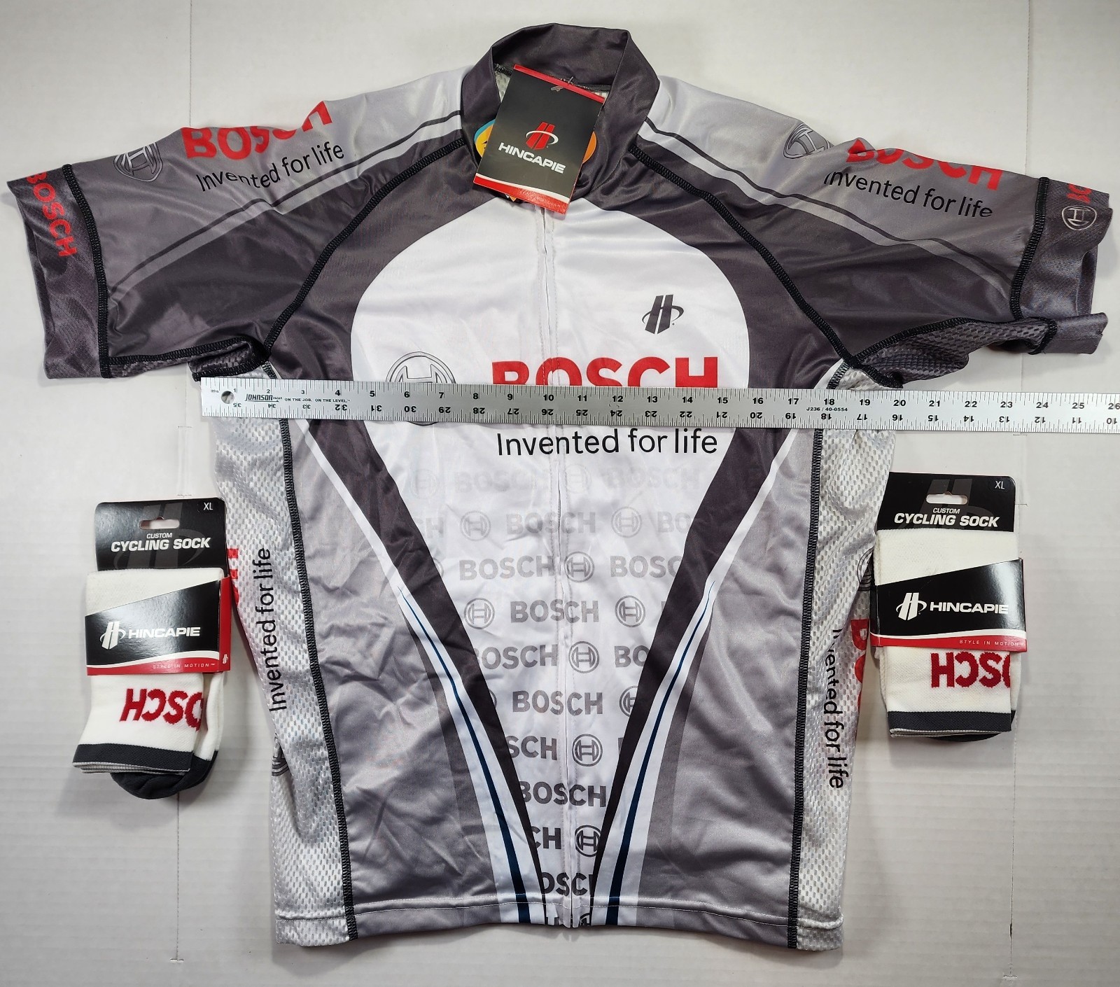 Hincapie Cycling Jersey Mens XL Gray White Graphic Athletic Race Fit Socks Bosch