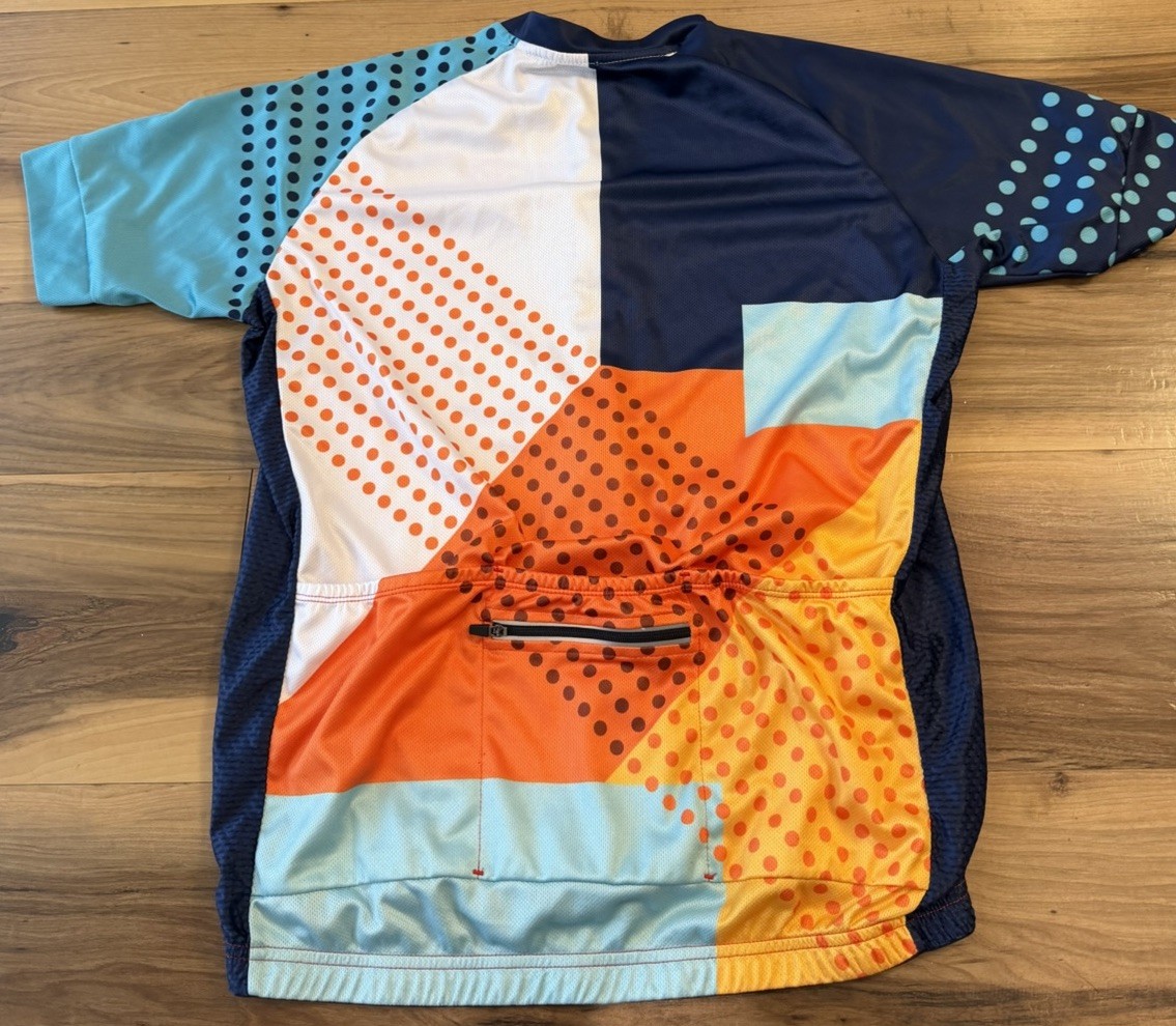 Cycling Jersey Men’s Large Blue Orange Geometric Full Zip Bike Shirt Race Top