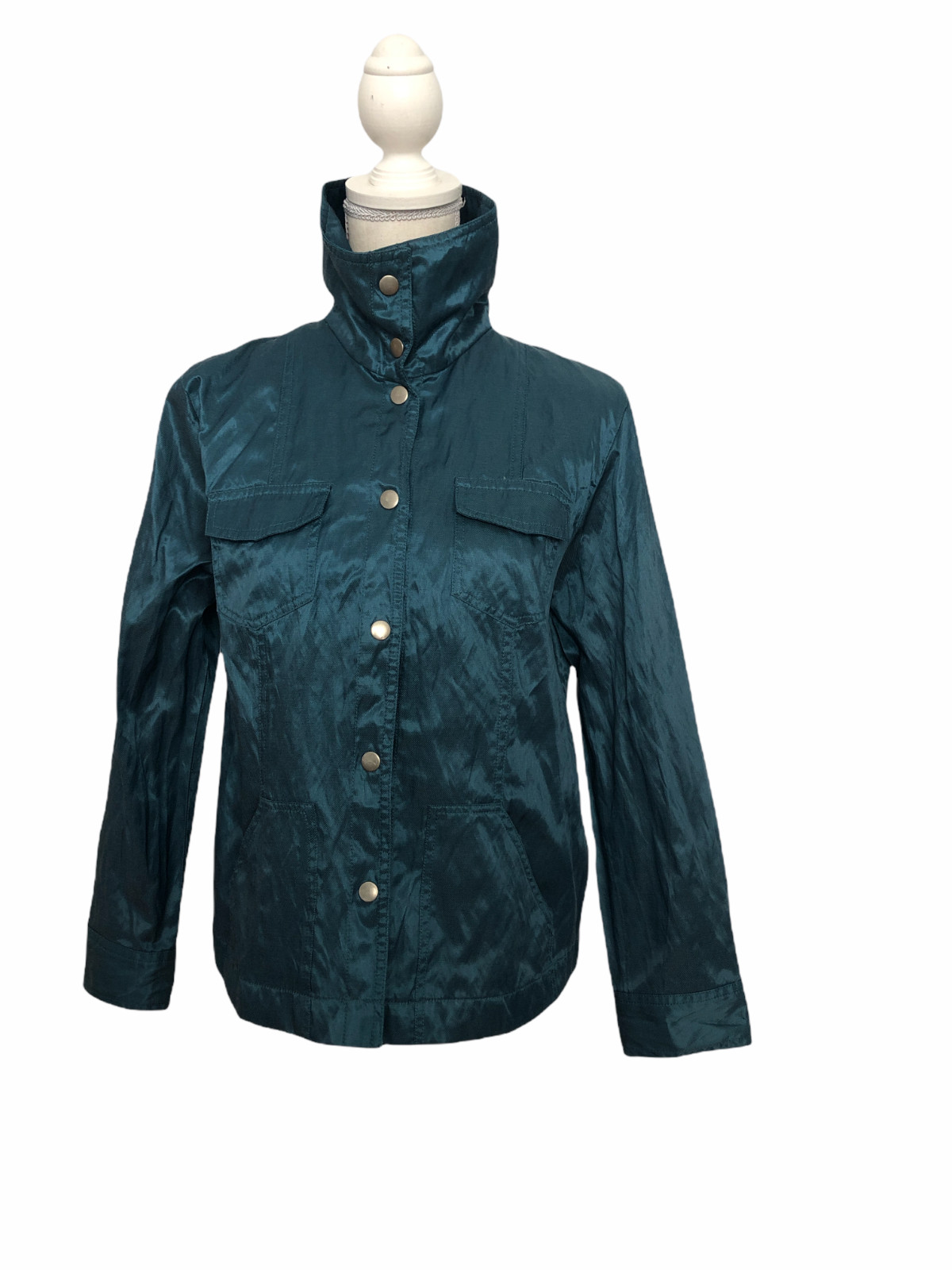 Ruby Rd. Women Blouse High Neck 10 Long Sleeve Green Snap Open Front 4 Pockets