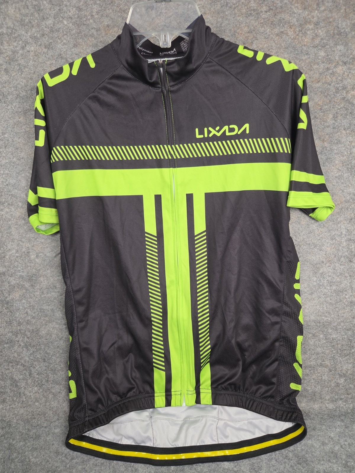 LIXADA Cycling Jersey Mens L Black & Green 3 Pocket Back Full Zip Short Sleeve