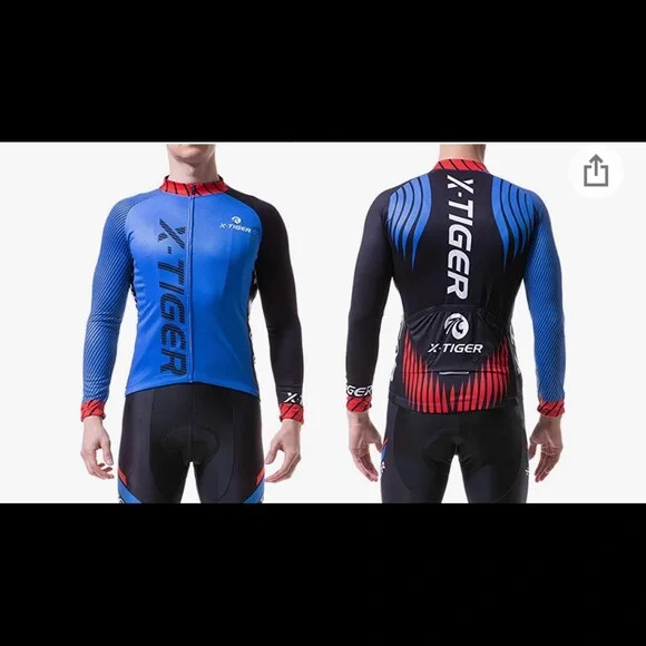 X-Tiger Cycling Jersey Blue Black Red Long Sleeve + Gel Pad Tights Pants 3XL