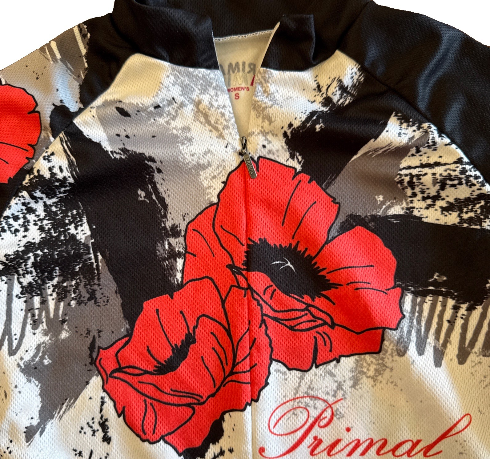 Primal Cycling Jersey Women S Abstract Poppies SS Full Zip Back Pockets EUC