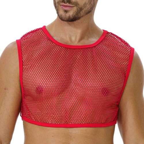 Mens Mesh Crop Top, Fishnet Tank Top Sleeveless Half Pride Shirt Medium Red